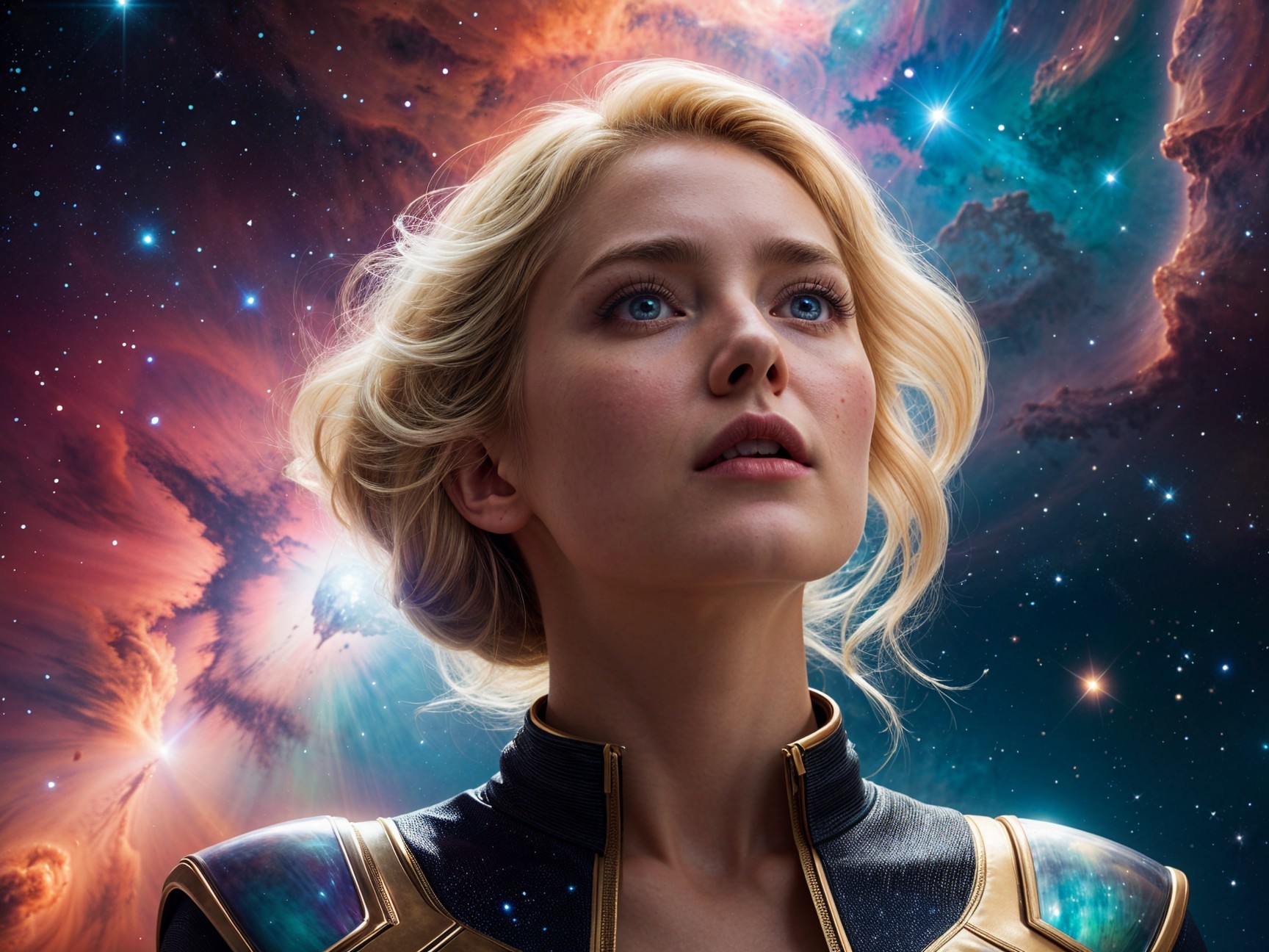 Young Woman in Futuristic Suit Against Cosmic Background