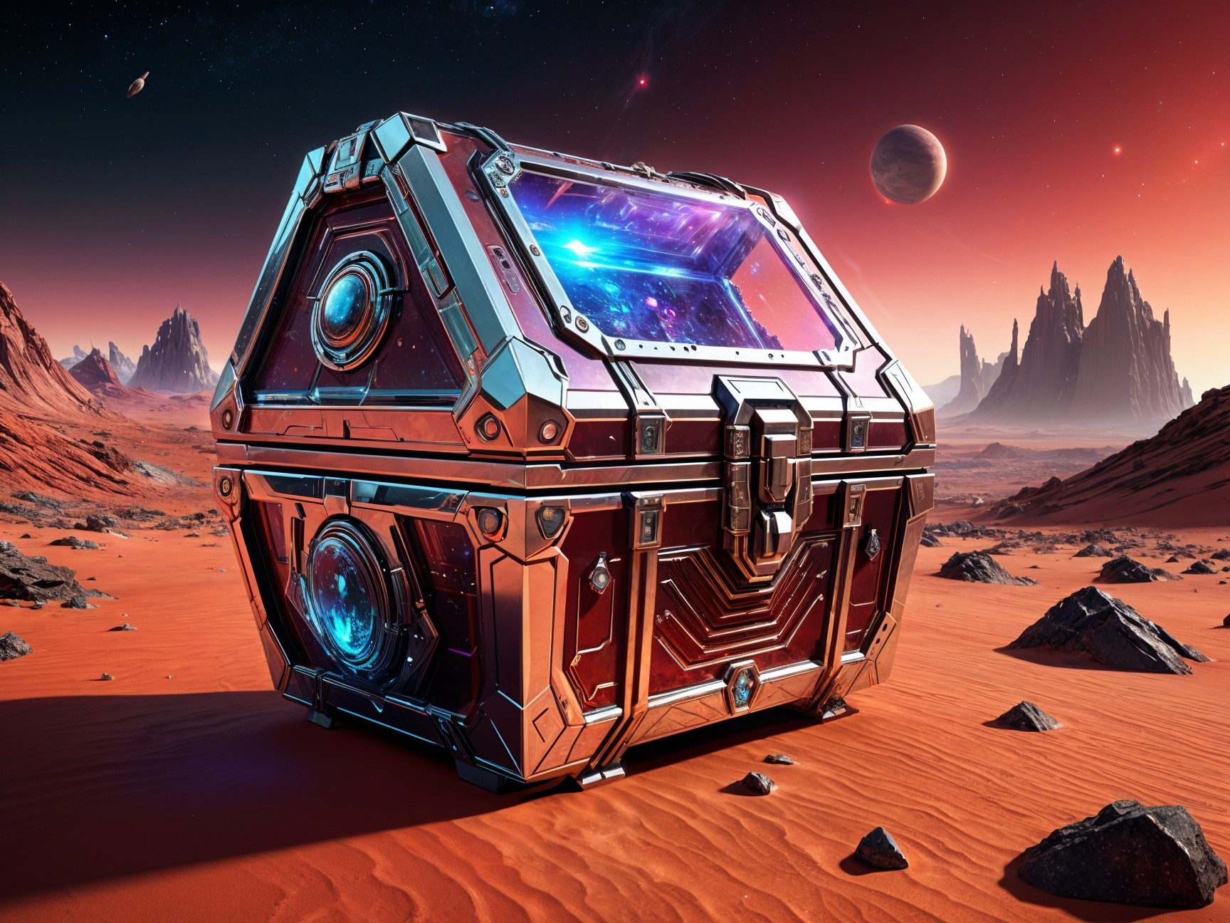 Futuristic Metallic Chest in Red Desert Landscape