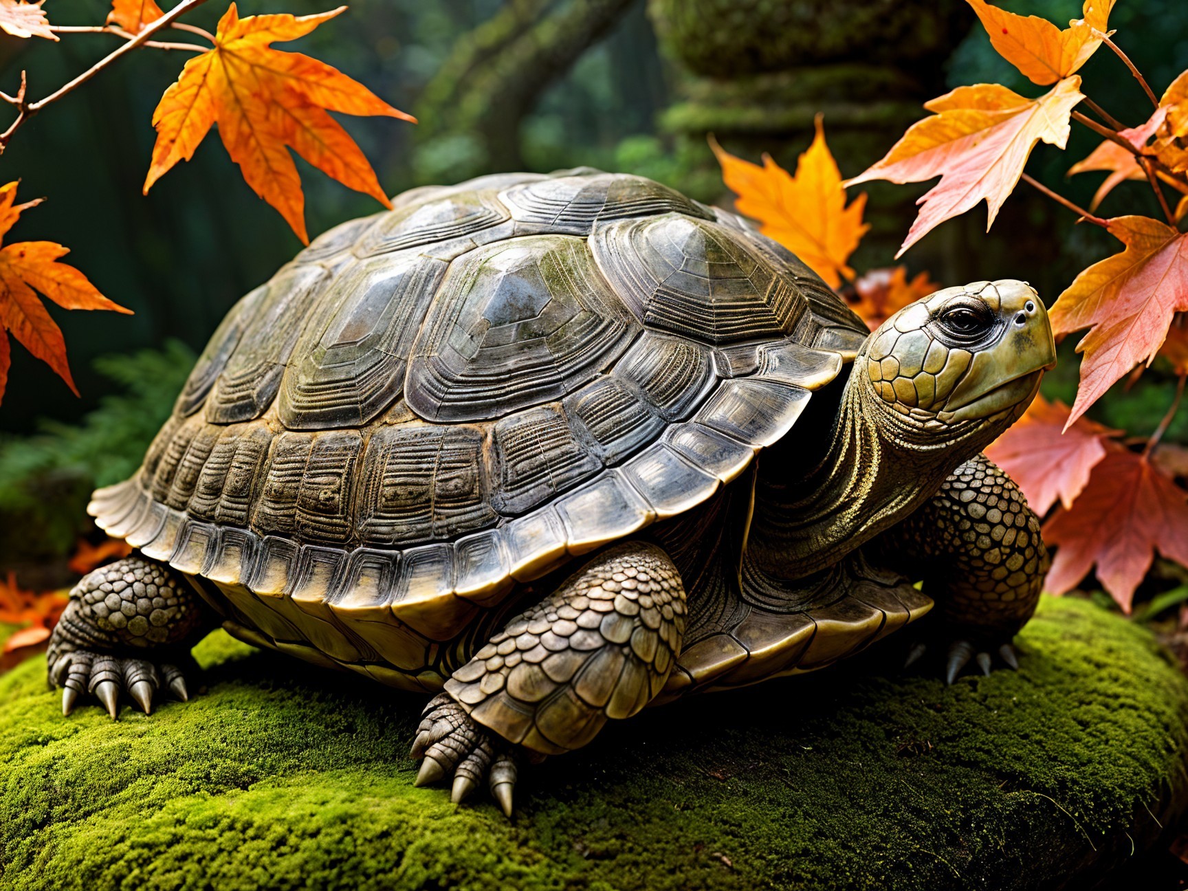 Lifelike tortoise on mossy rock with autumn leaves