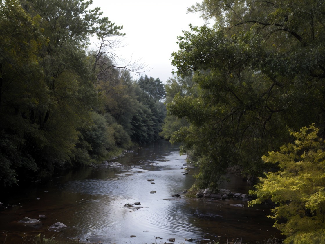 Serene River Flowing Through Lush Green Landscape