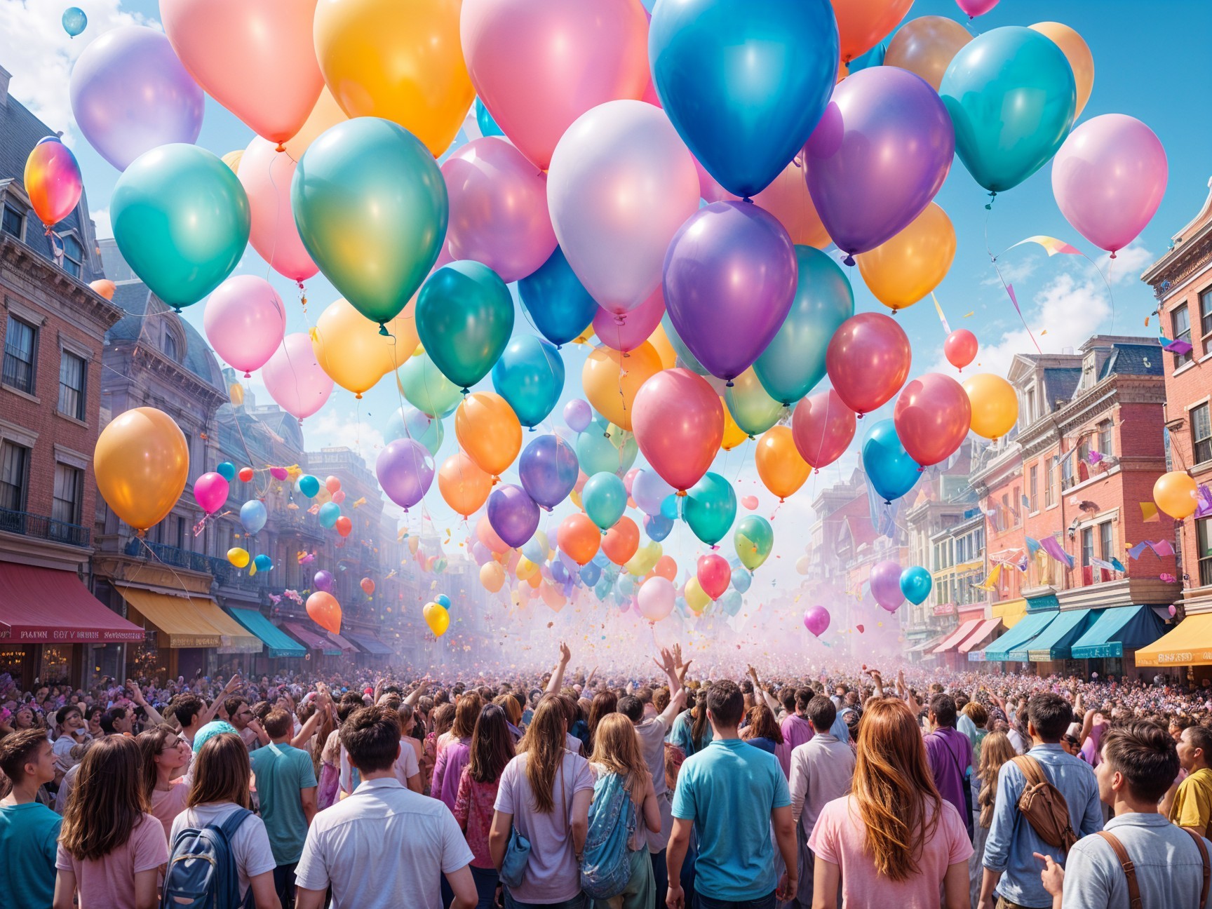 Vibrant festival scene with colorful balloons and crowd