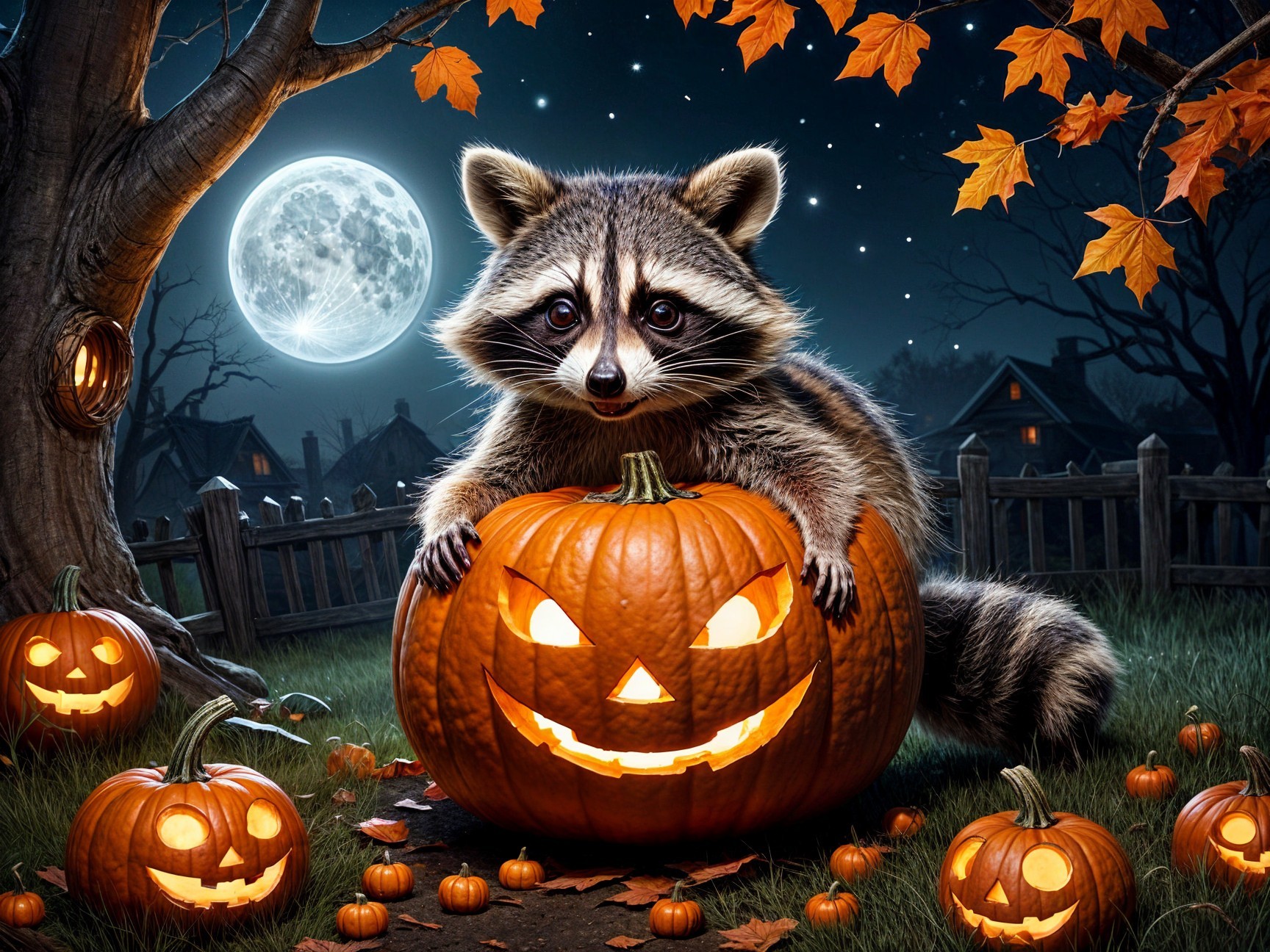 Whimsical Raccoon on Pumpkin in Moonlit Halloween Scene