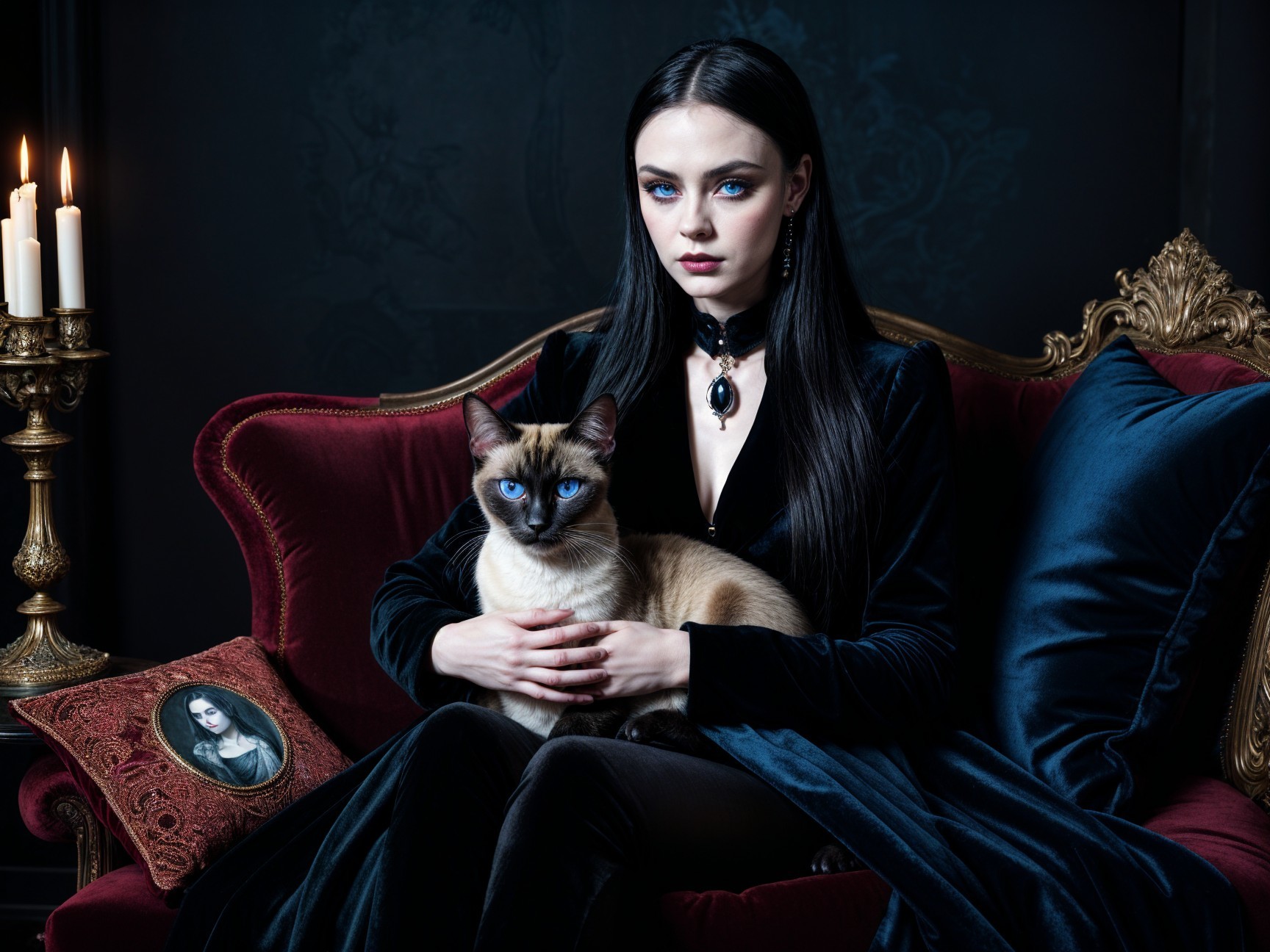 Elegant Woman with Siamese Cat in Gothic Setting