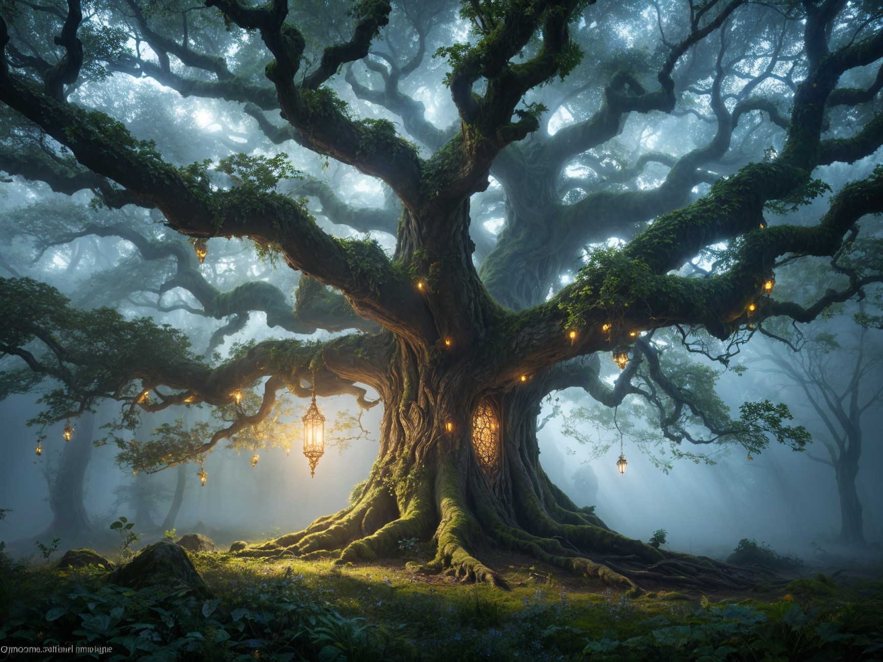 Ancient Tree Surrounded by Lanterns in Mystical Forest