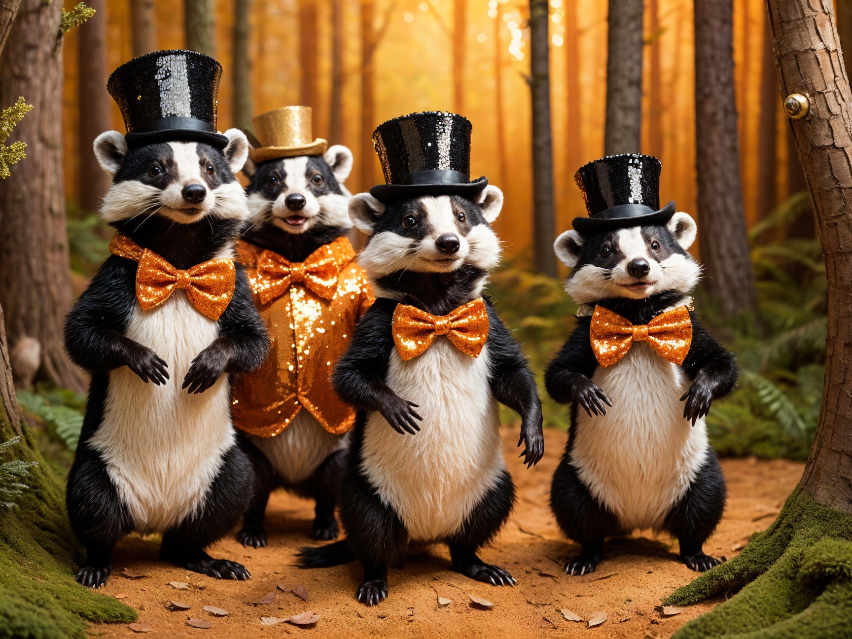 Badgers in Top Hats and Bow Ties in Forest Setting