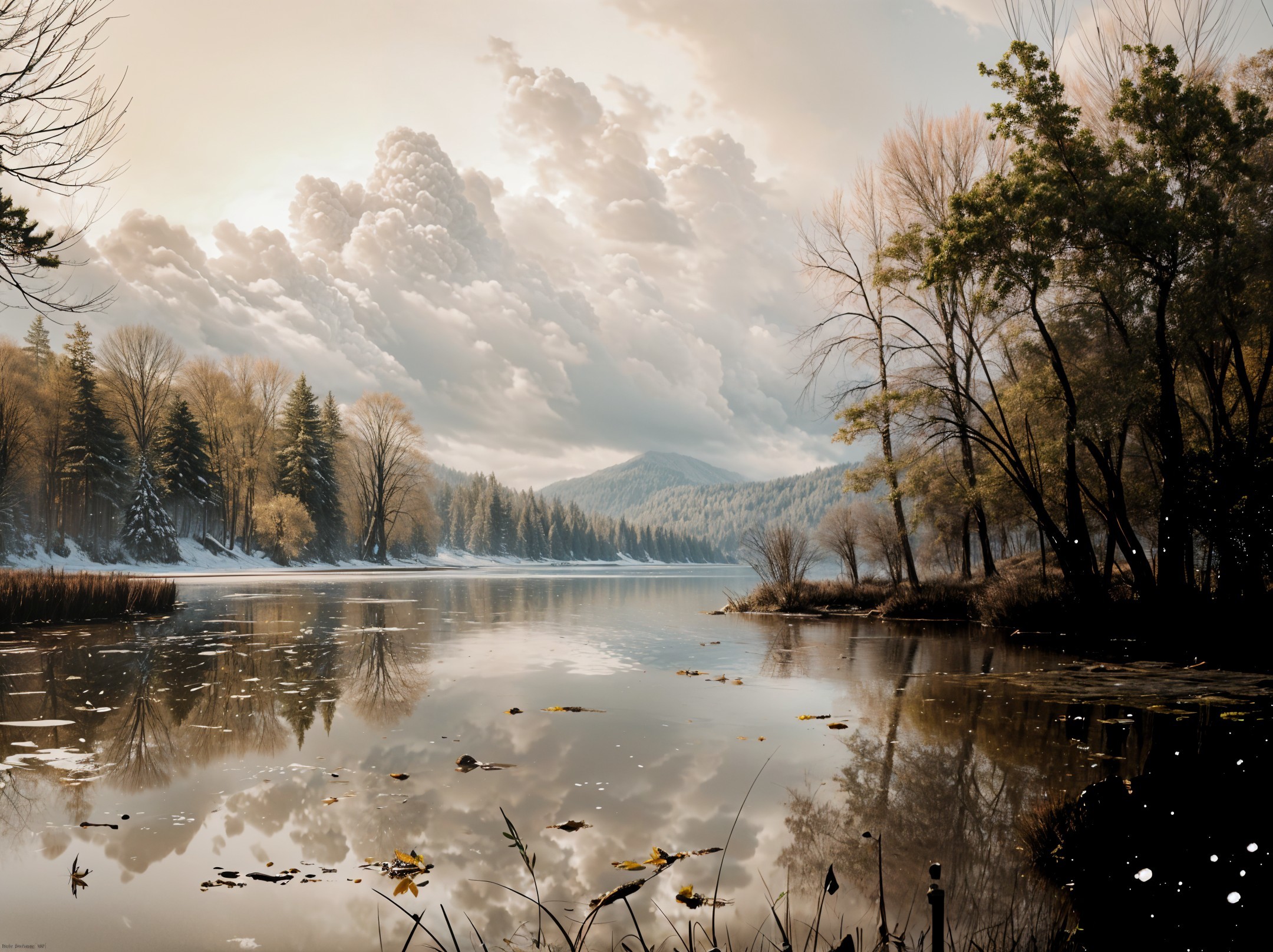 Serene landscape with river, trees, and mountains