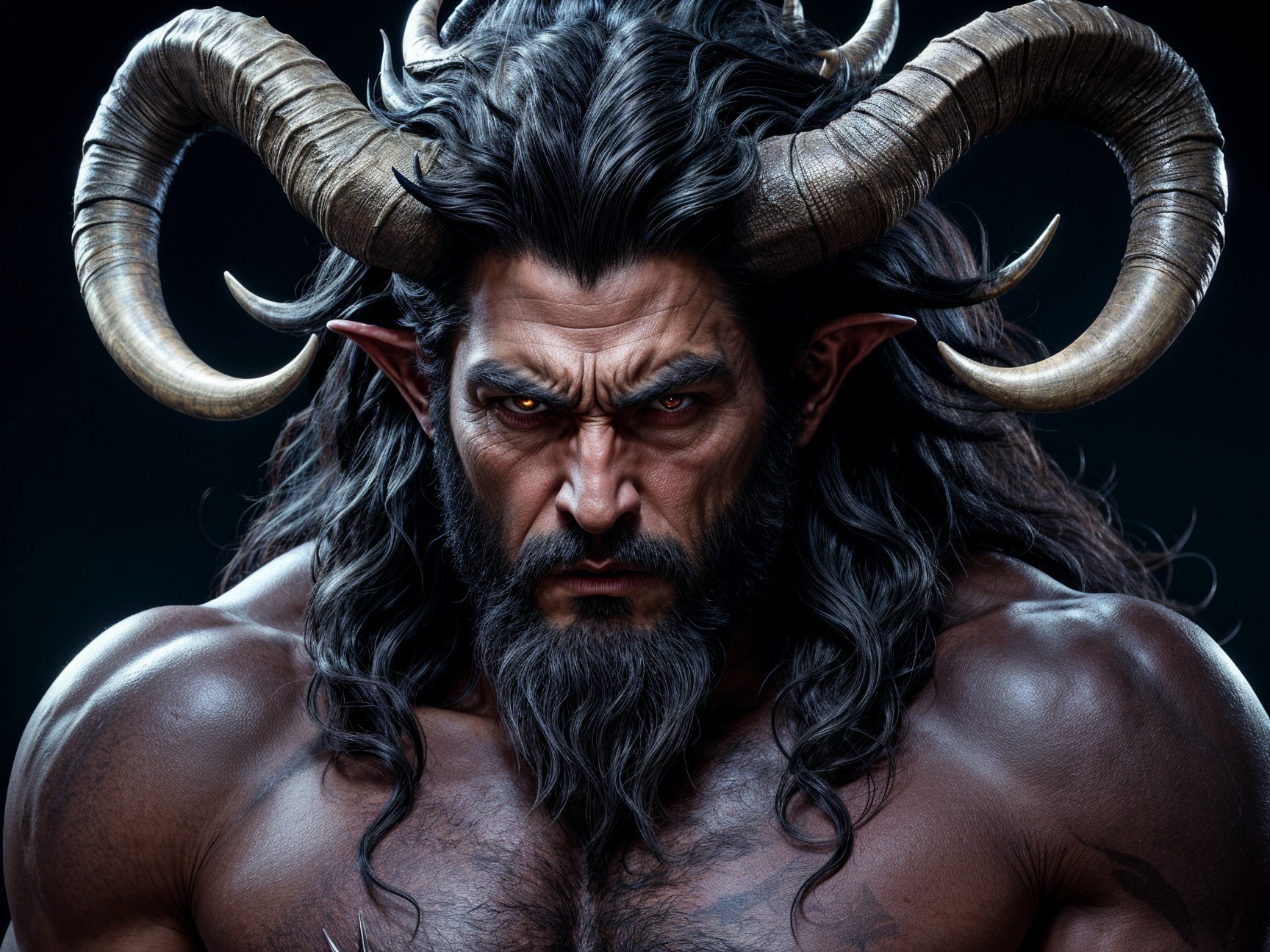 Muscular Figure with Long Hair and Prominent Horns