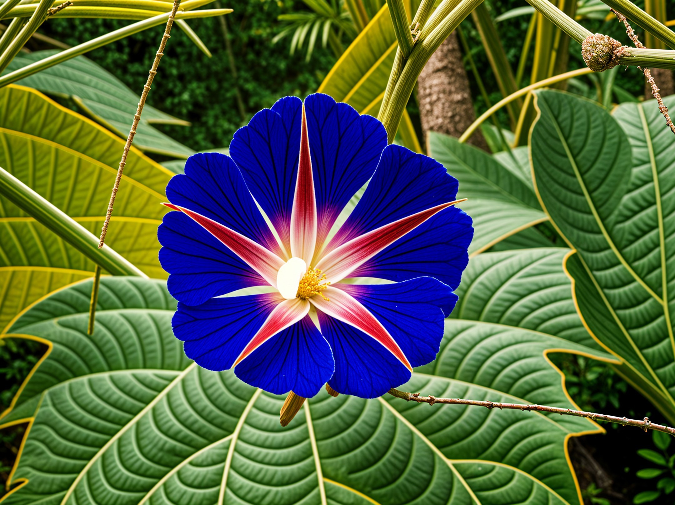 Vibrant Blue Flower with Red and White Center Design