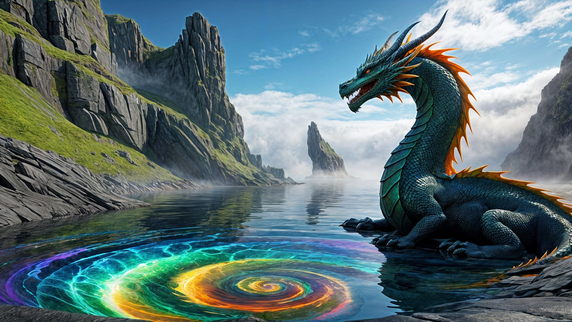 Majestic dragon by tranquil lake with vibrant colors