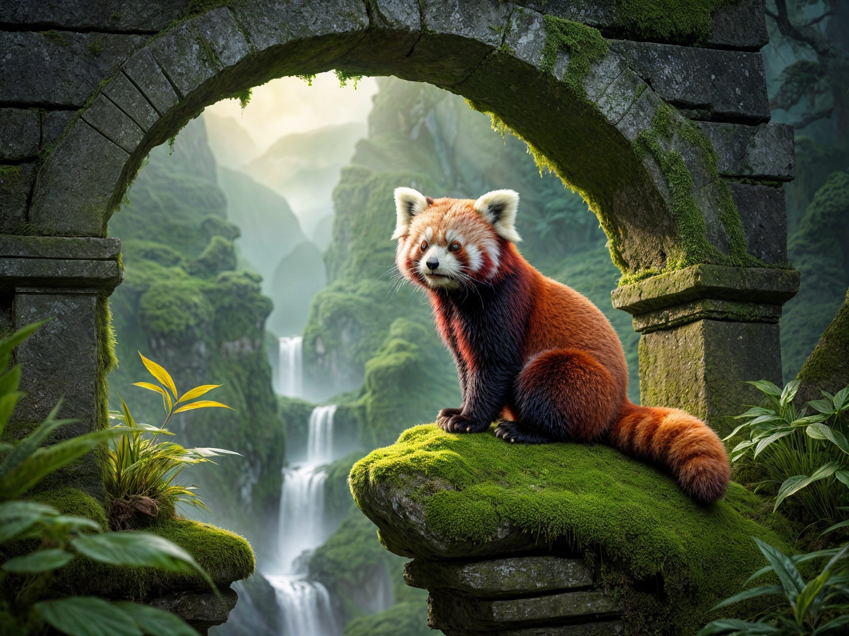 Red panda on mossy rock in serene forest setting