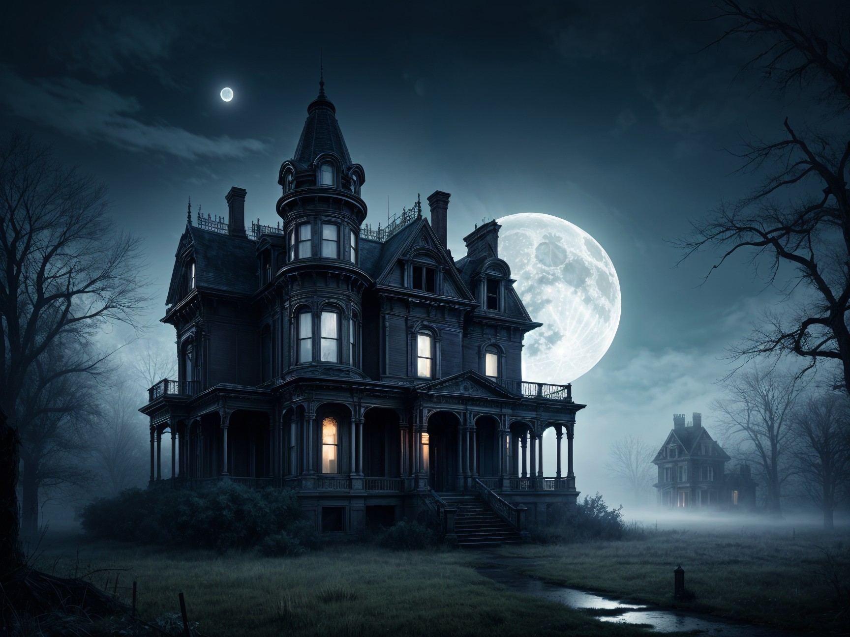 Victorian Mansion in Foggy Landscape Under Full Moon