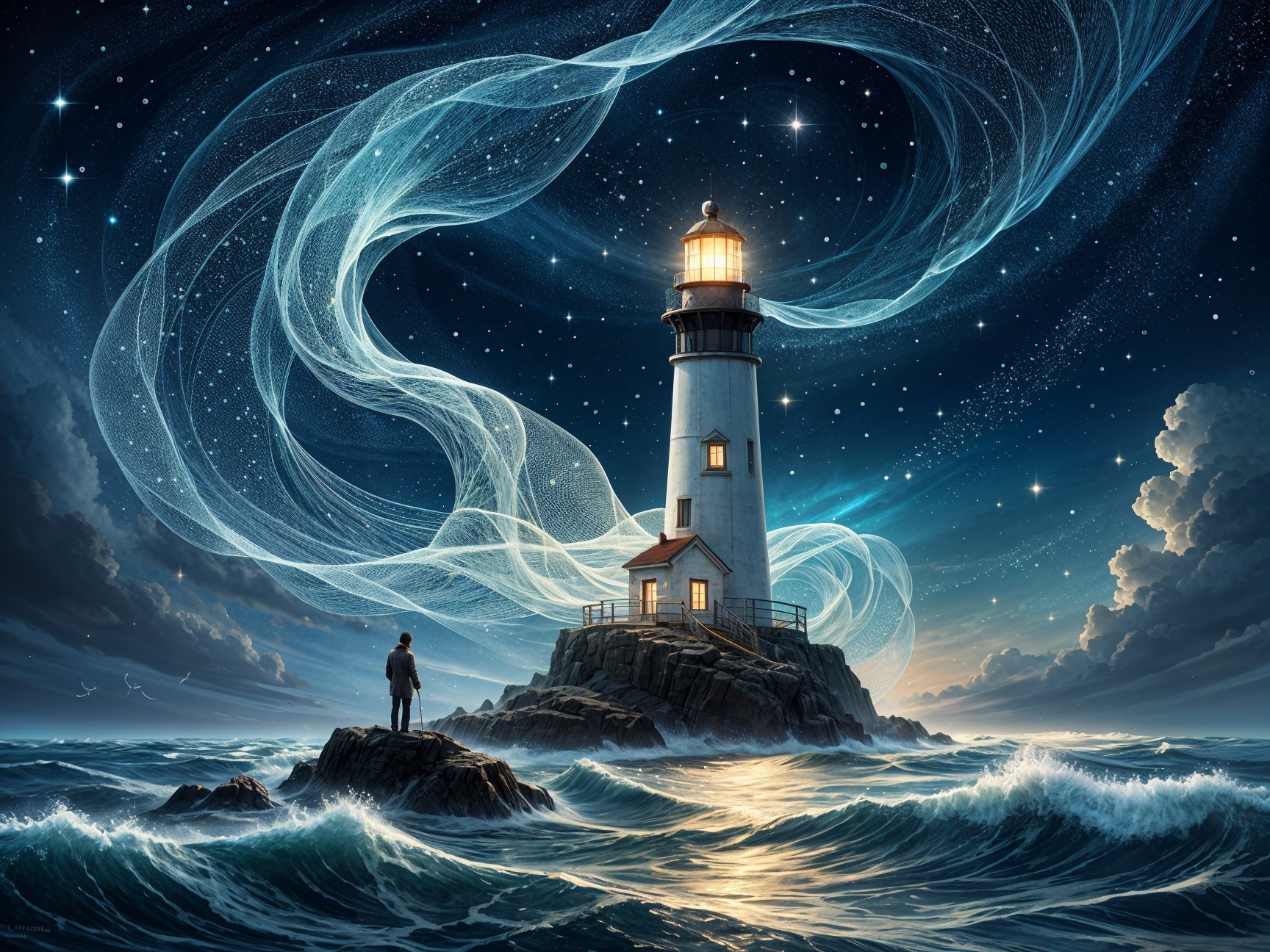 Lighthouse on Rocky Island Under Starry Night Sky