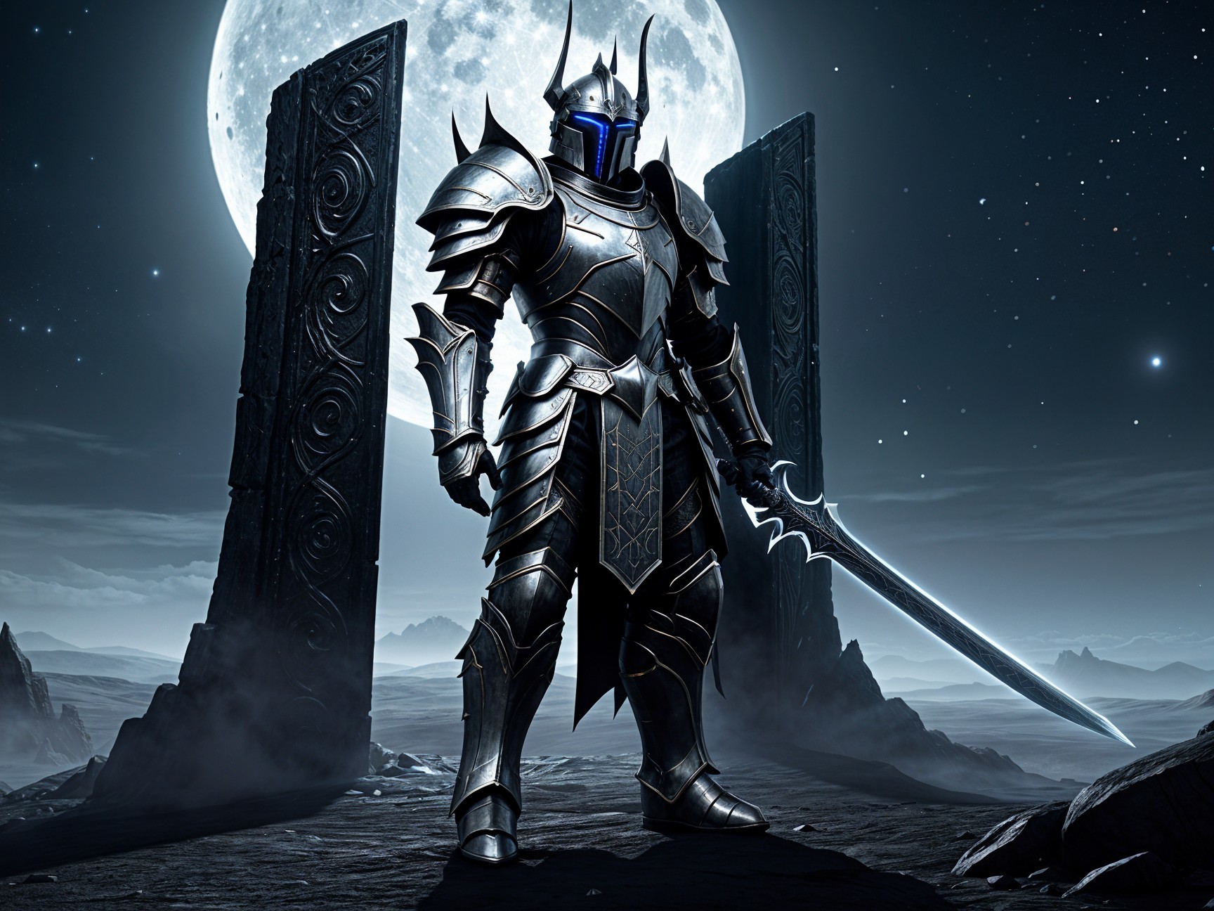 Knight in Dark Armor Beneath Full Moon and Pillars