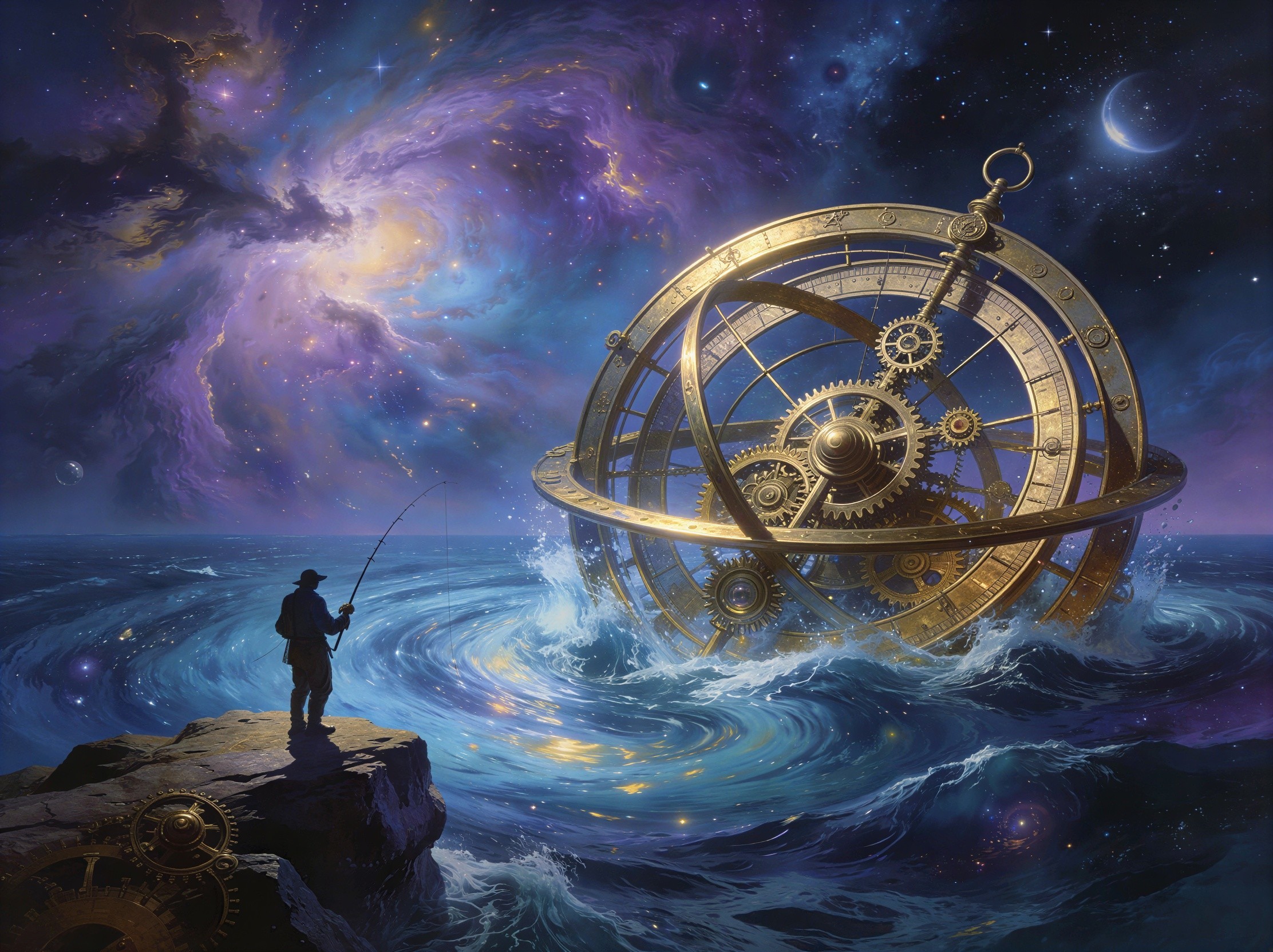 Lone Fisherman in Cosmic Ocean Under Nebula Sky