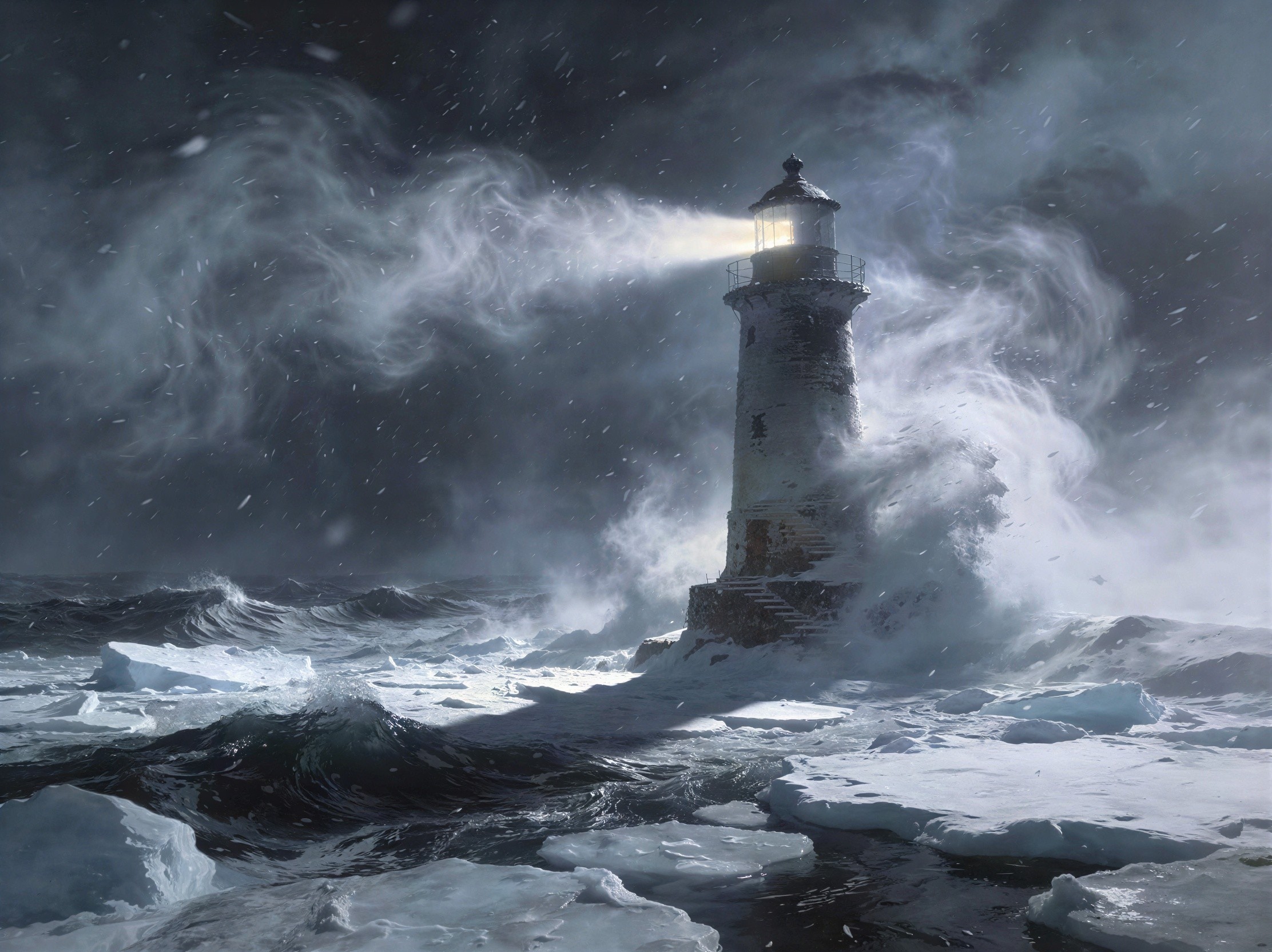 Lighthouse Amidst Stormy Ocean and Dark Sky