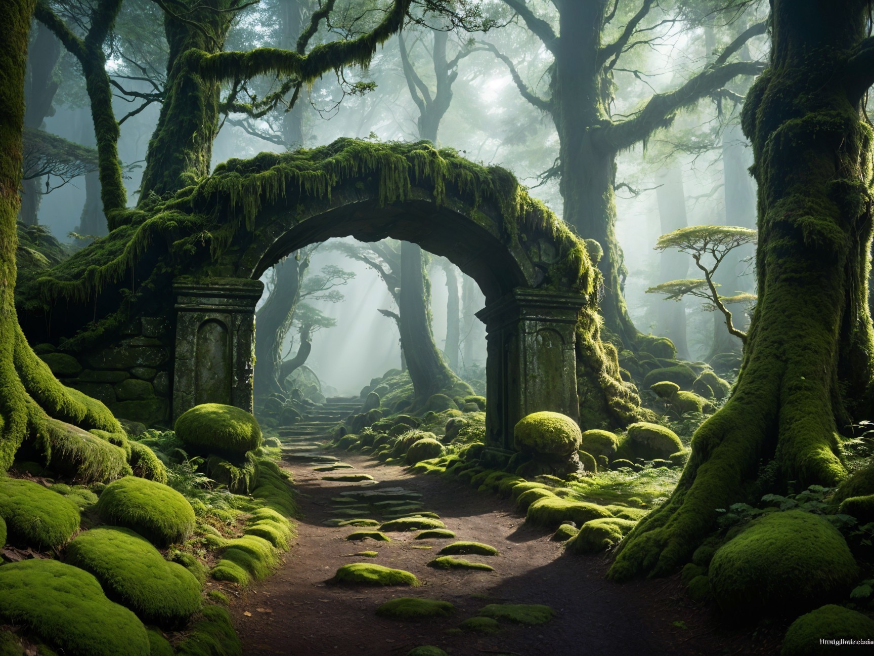Mystical Forest with Ancient Stone Archway and Trees