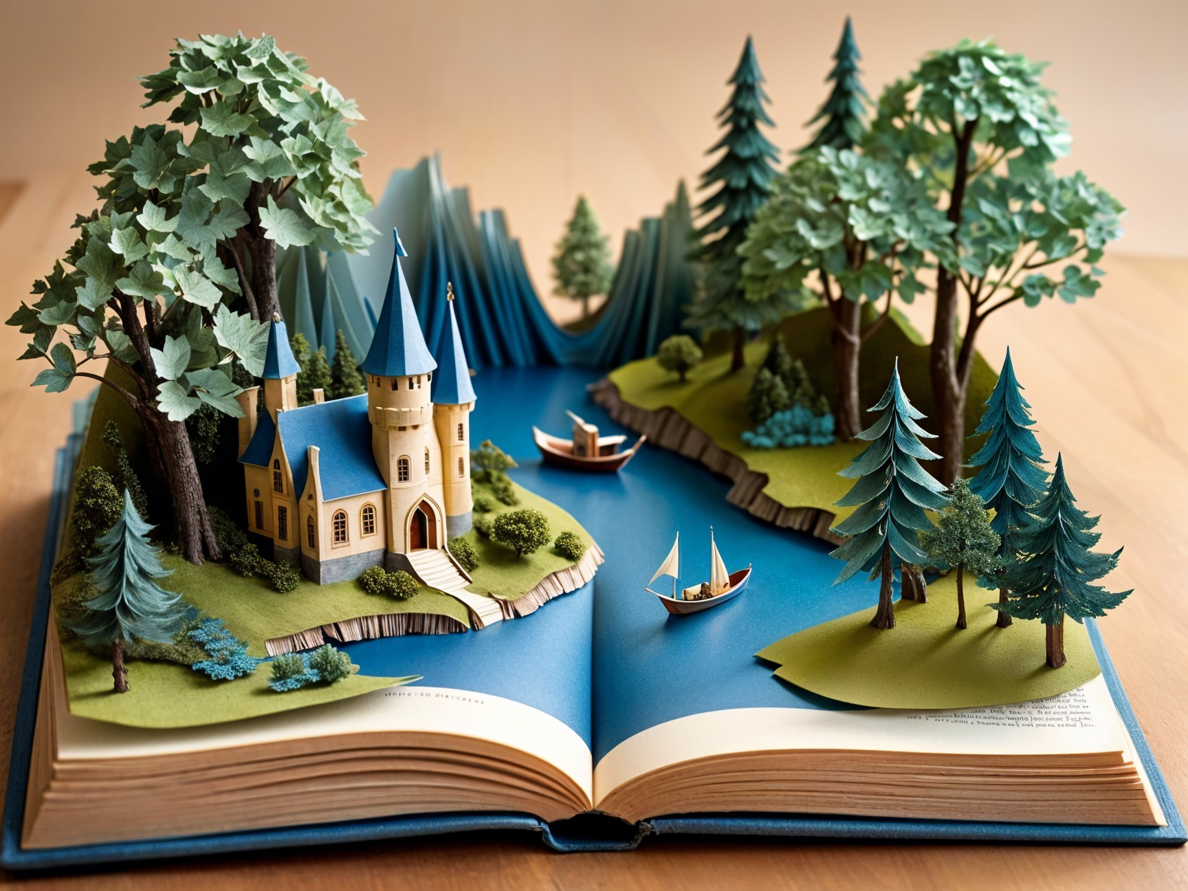 Detailed Pop-Up Book Scene of a Castle and River