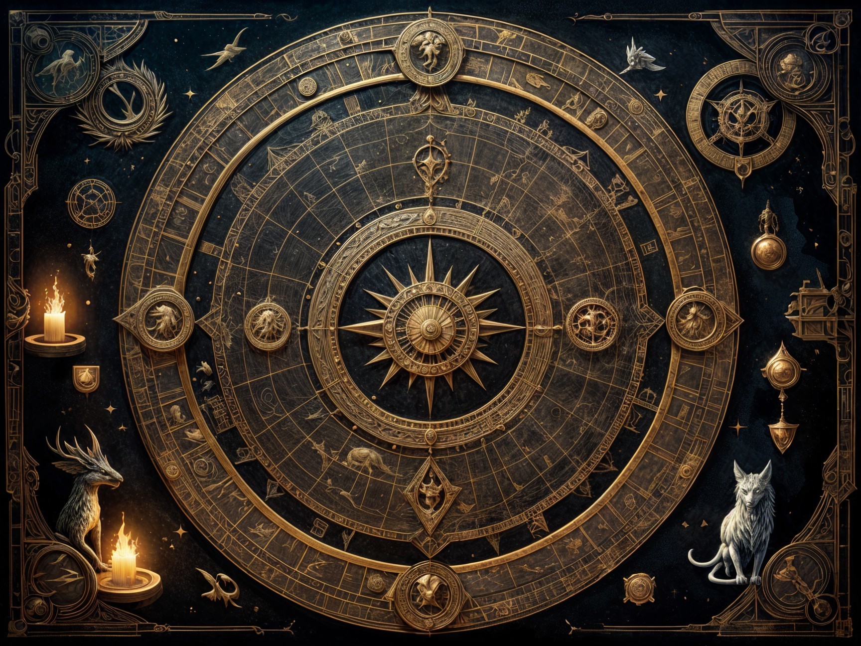 Intricate Astrological Chart with Zodiac Symbols and Candles