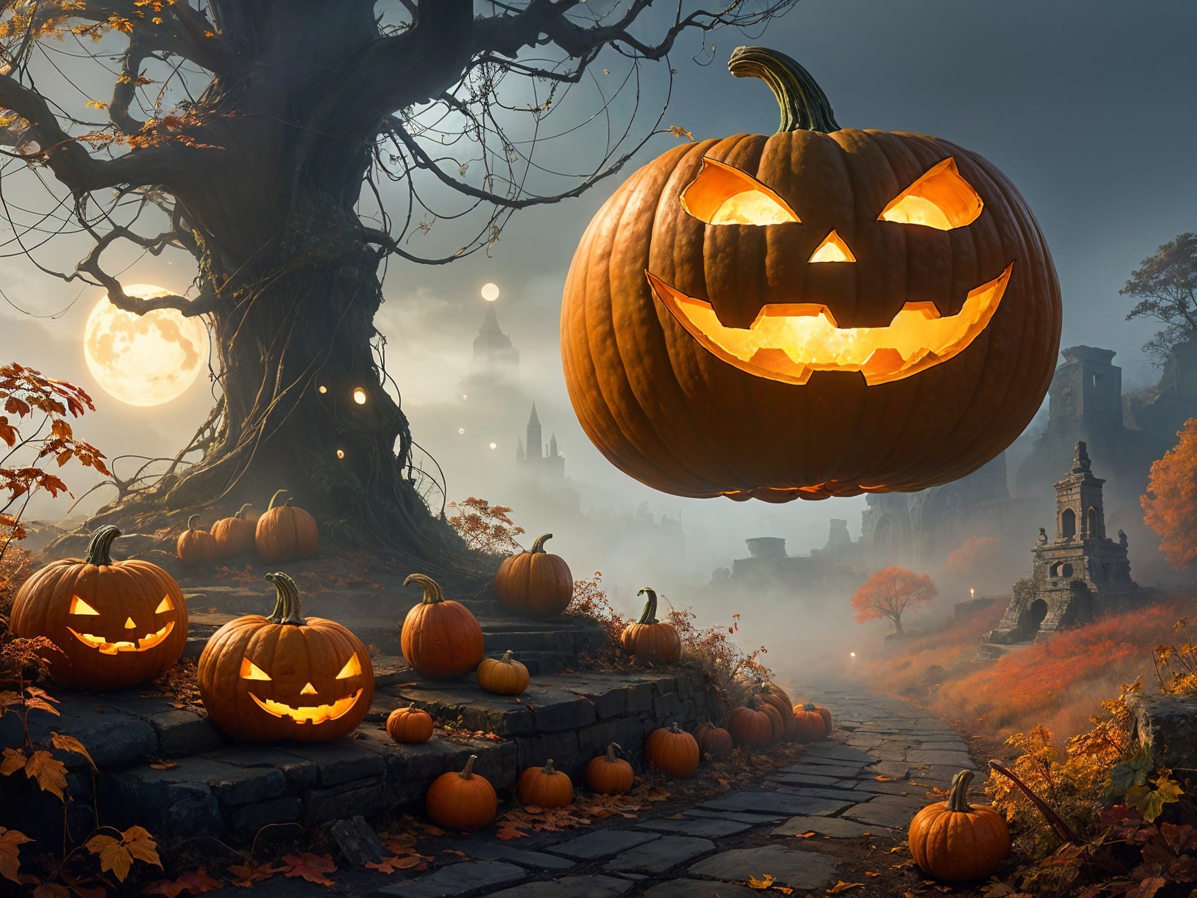 Spooky Halloween Scene with Floating Jack-o'-Lanterns