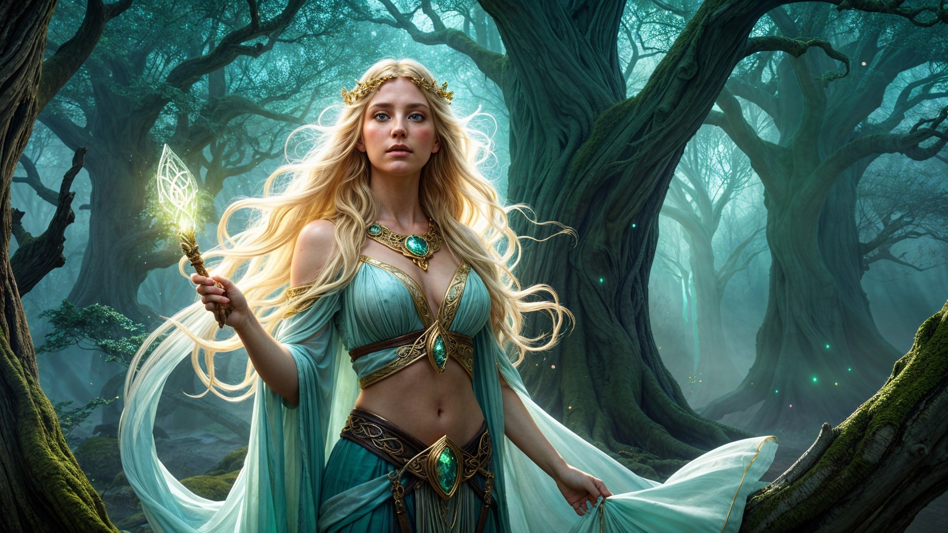 Majestic figure in a mystical forest with glowing staff