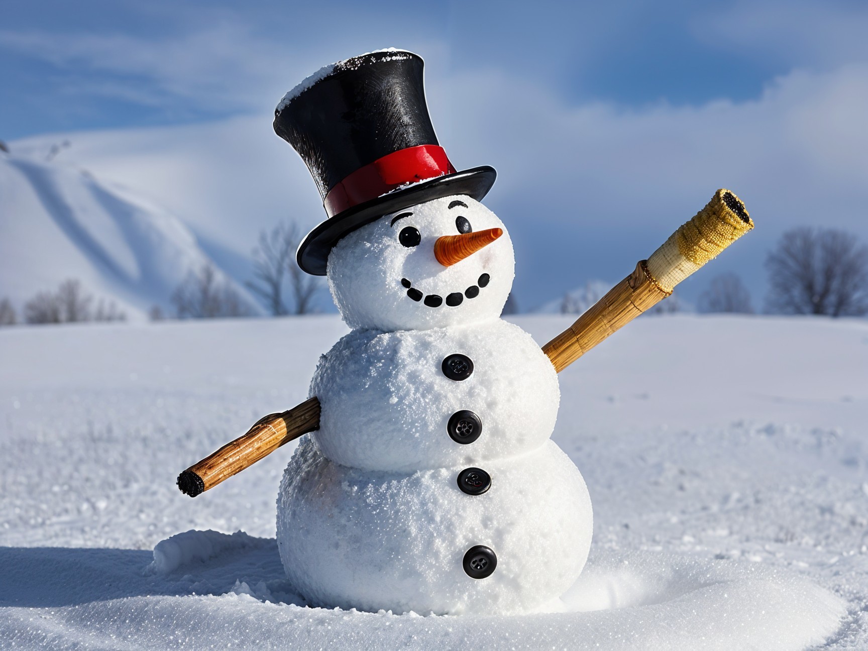 Cheerful Snowman in Snowy Landscape with Blue Skies