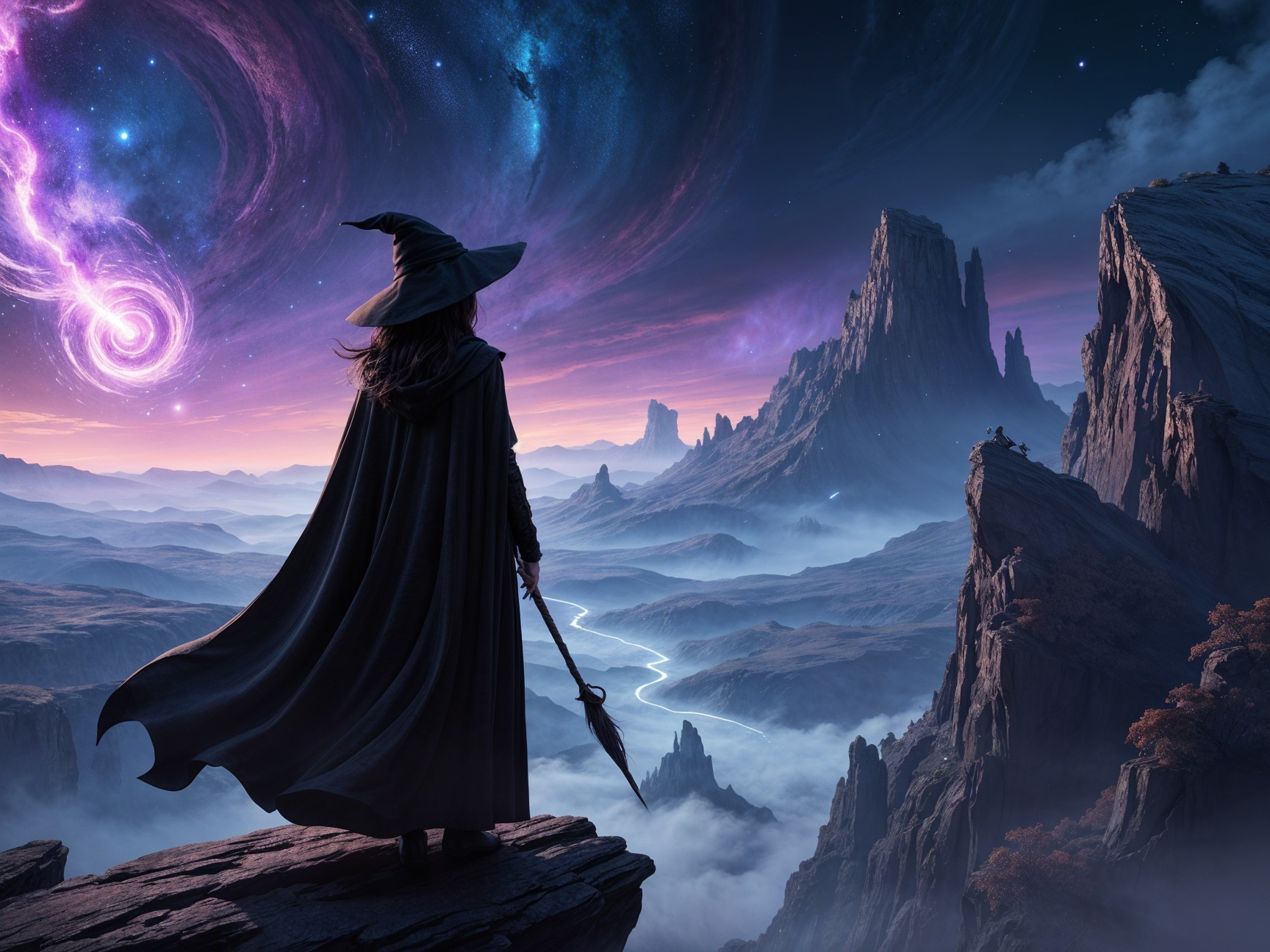 Cloaked Figure Overlooking Cosmic Landscape at Night