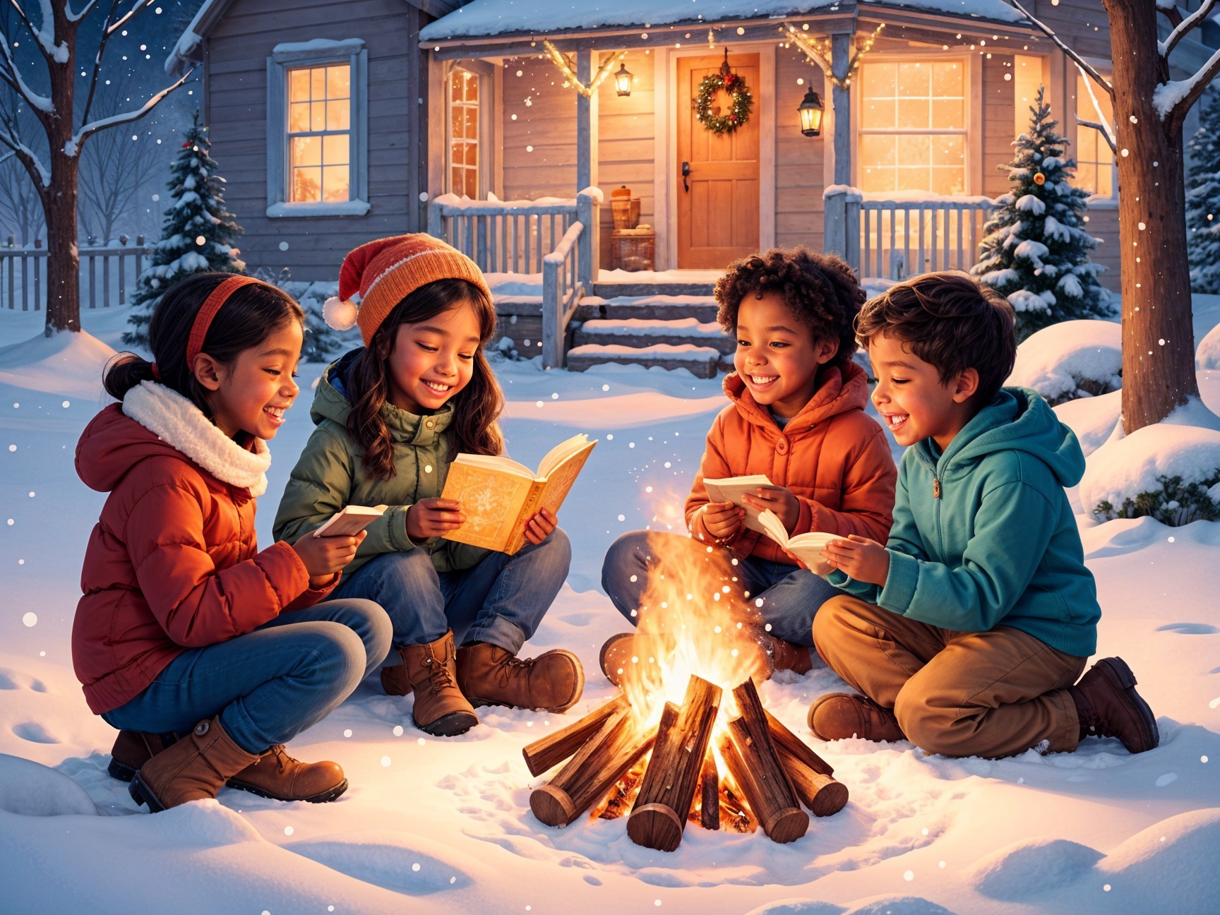 Children by Campfire in Snowy Winter Scene