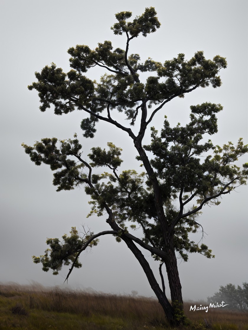 Solitary Tree in Fog with Twisted Branches and Foliage