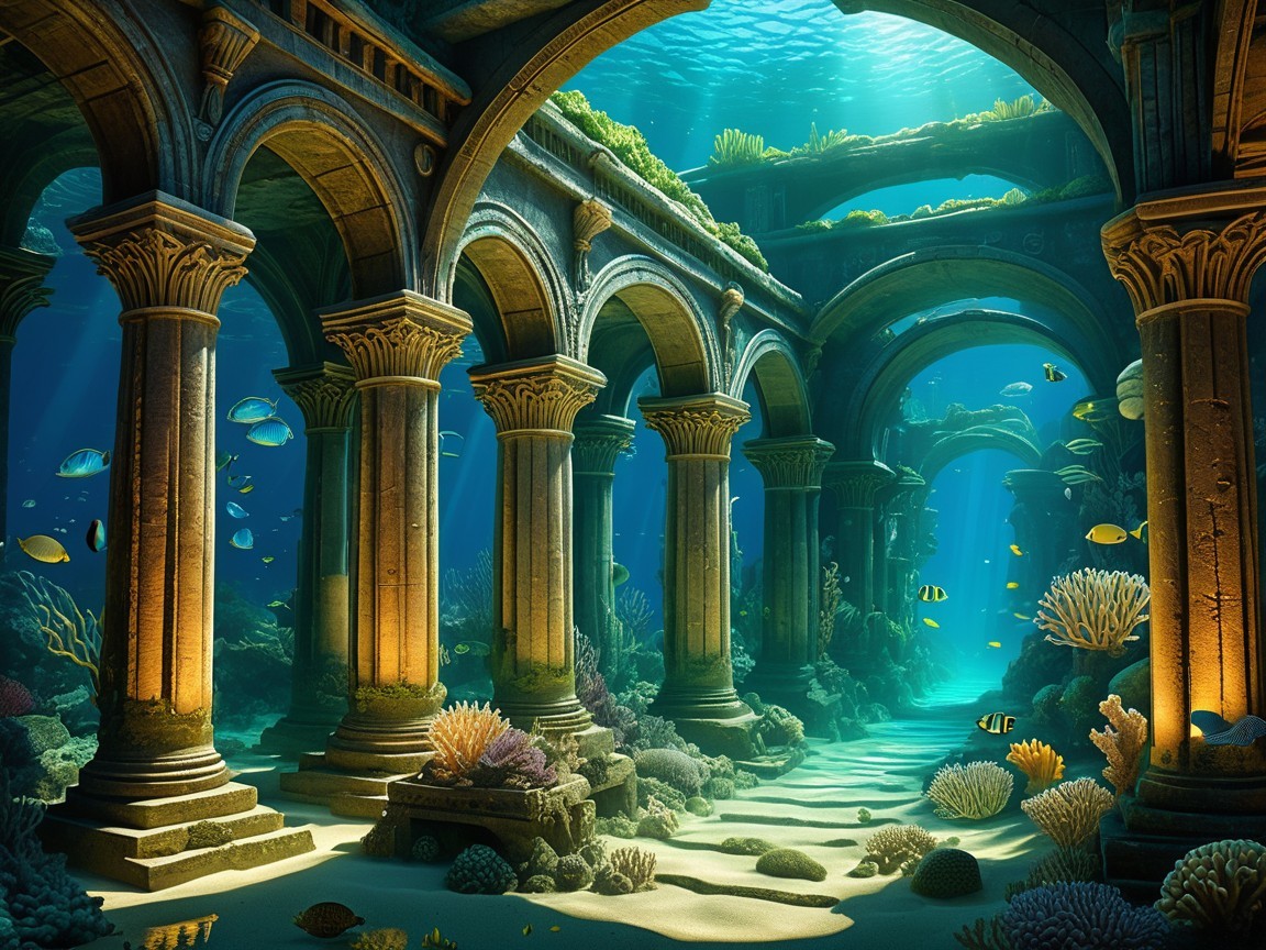 Underwater Scene of Ancient Ruins and Coral Reefs