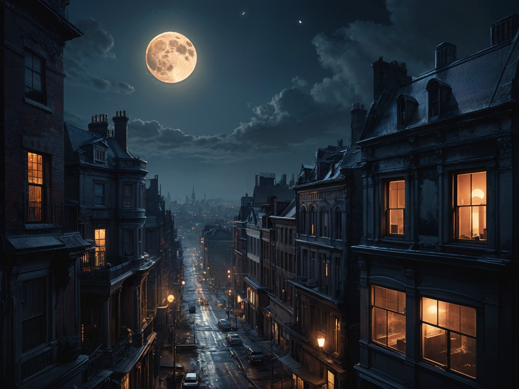 Tranquil Nighttime Cityscape Under Full Moonlight