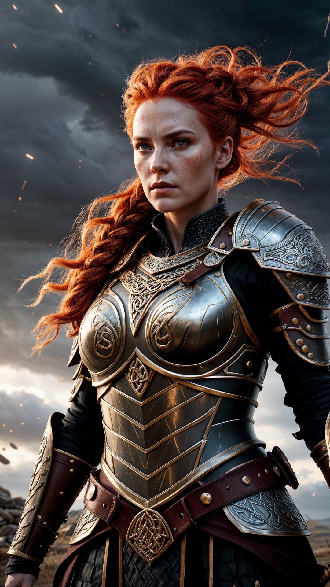 Fierce Warrior in Silver and Black Armor with Red Hair