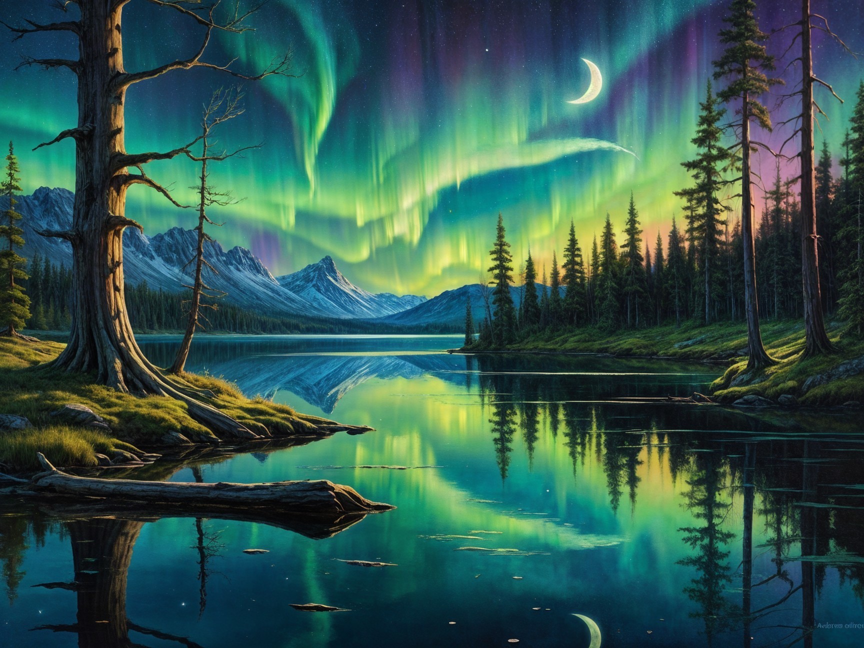 Twilight Landscape with Reflective Lake and Auroras