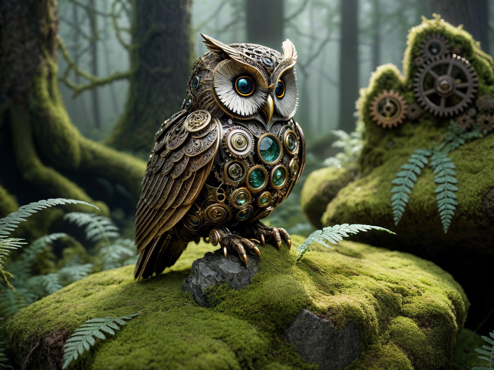Steampunk Owl on Mossy Rock in Misty Forest