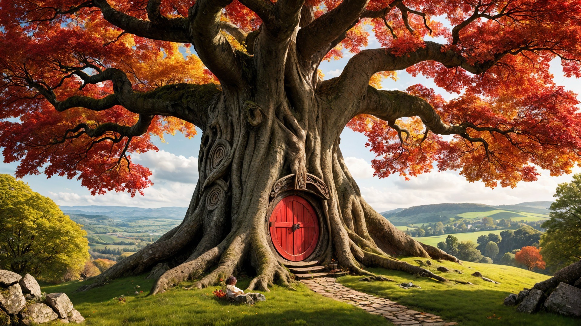 Ancient tree with vibrant leaves in serene landscape