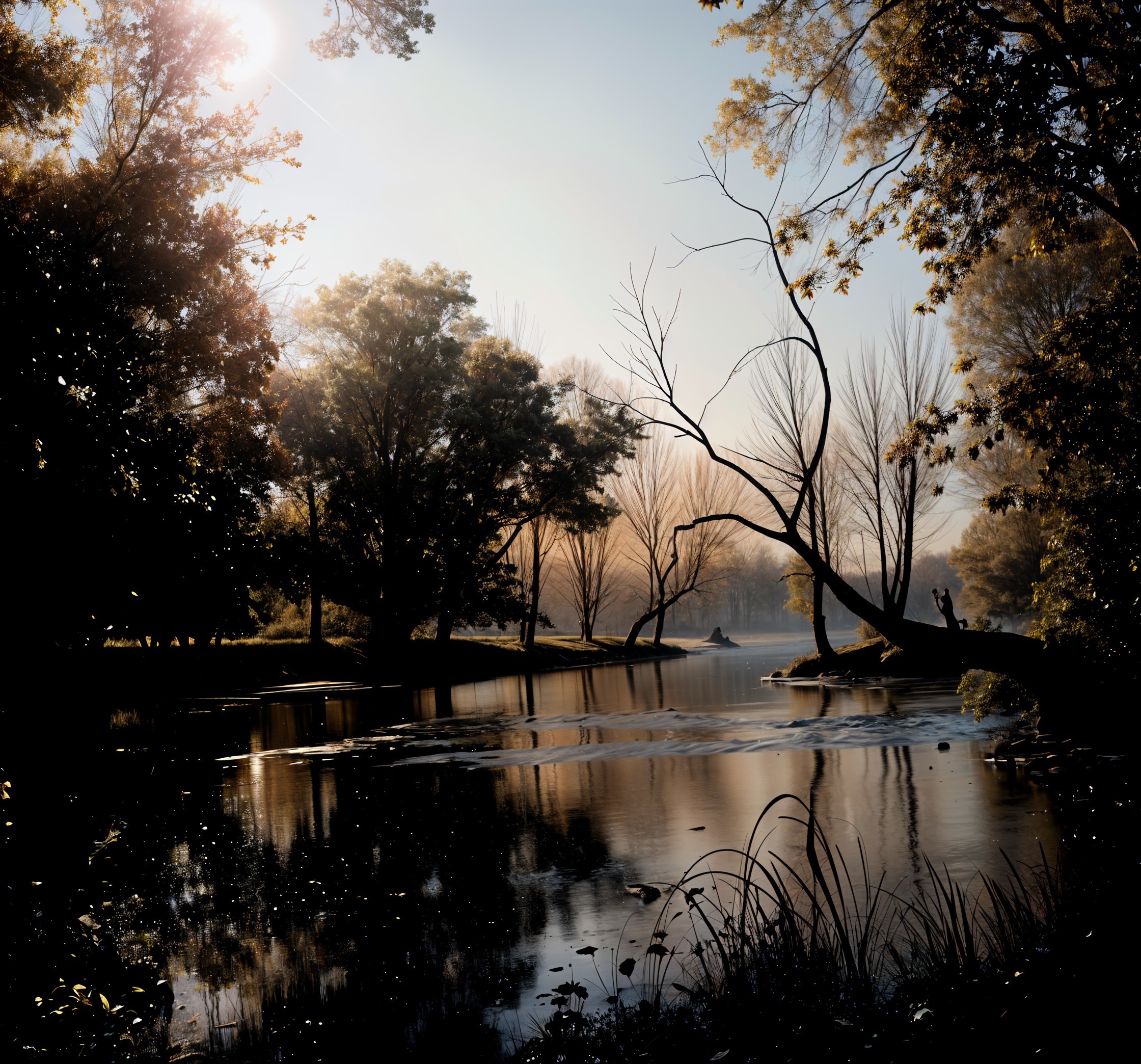 Serene Dawn Landscape with Reflective Water and Mist