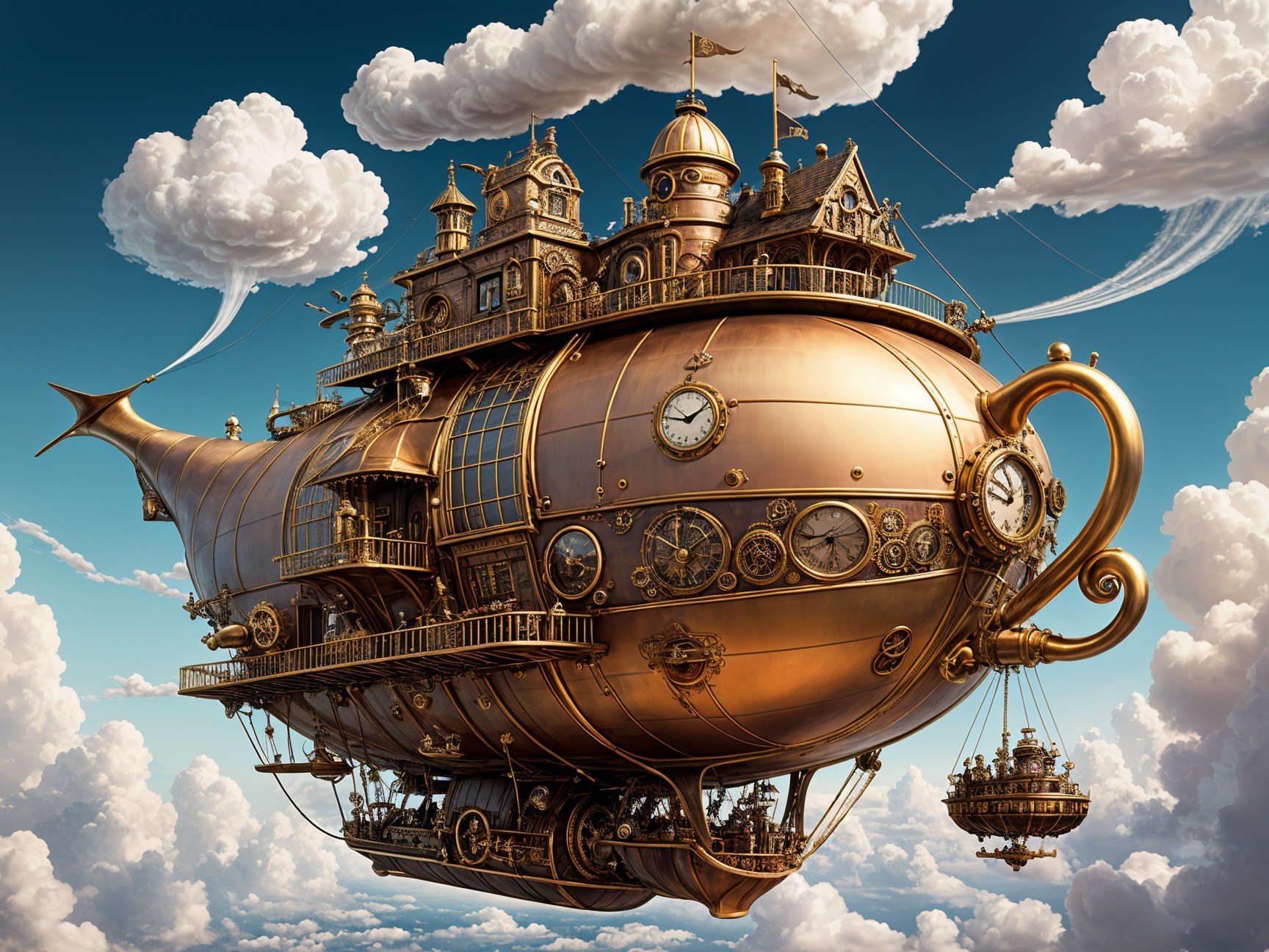 Steampunk airship with ornate details in clouds