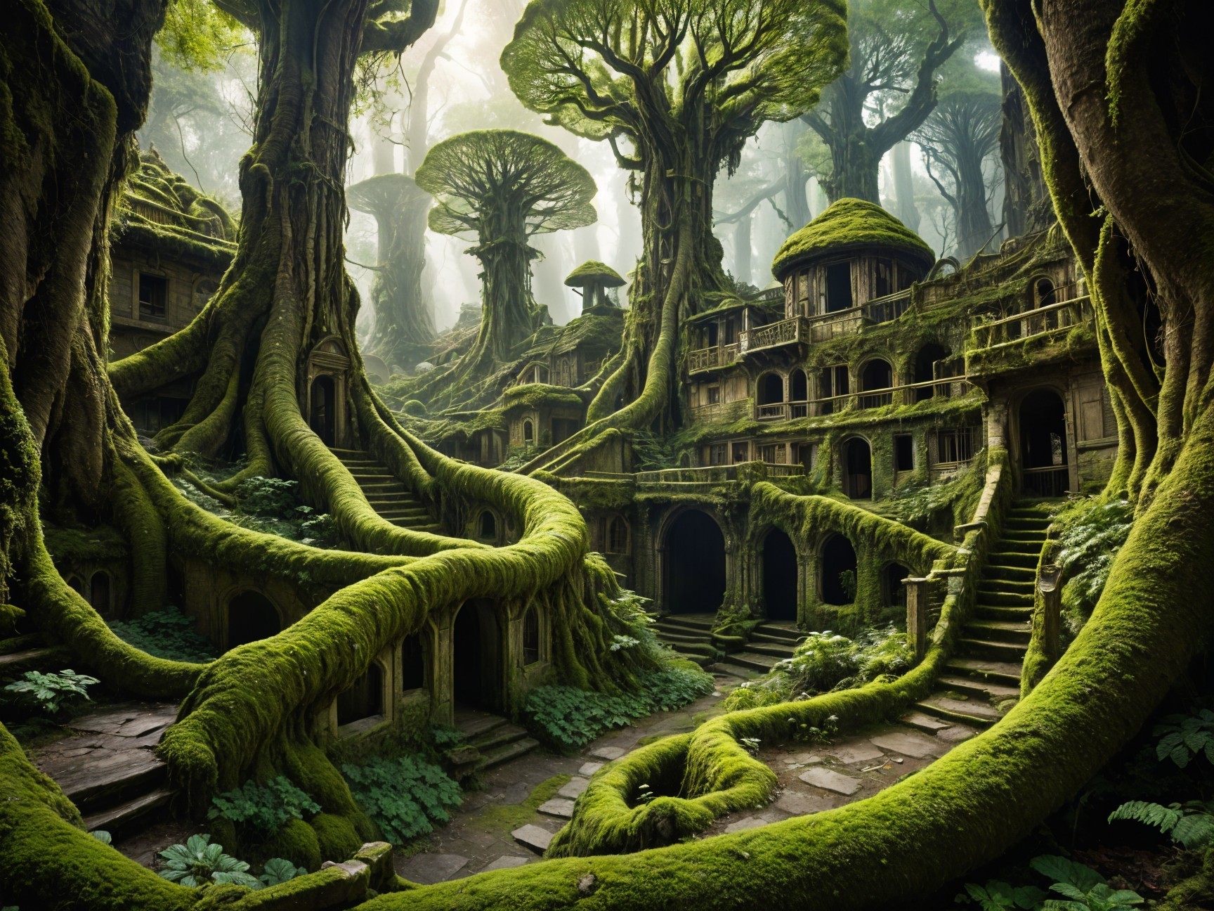Mystical Forest with Towering Trees and Ancient Stones