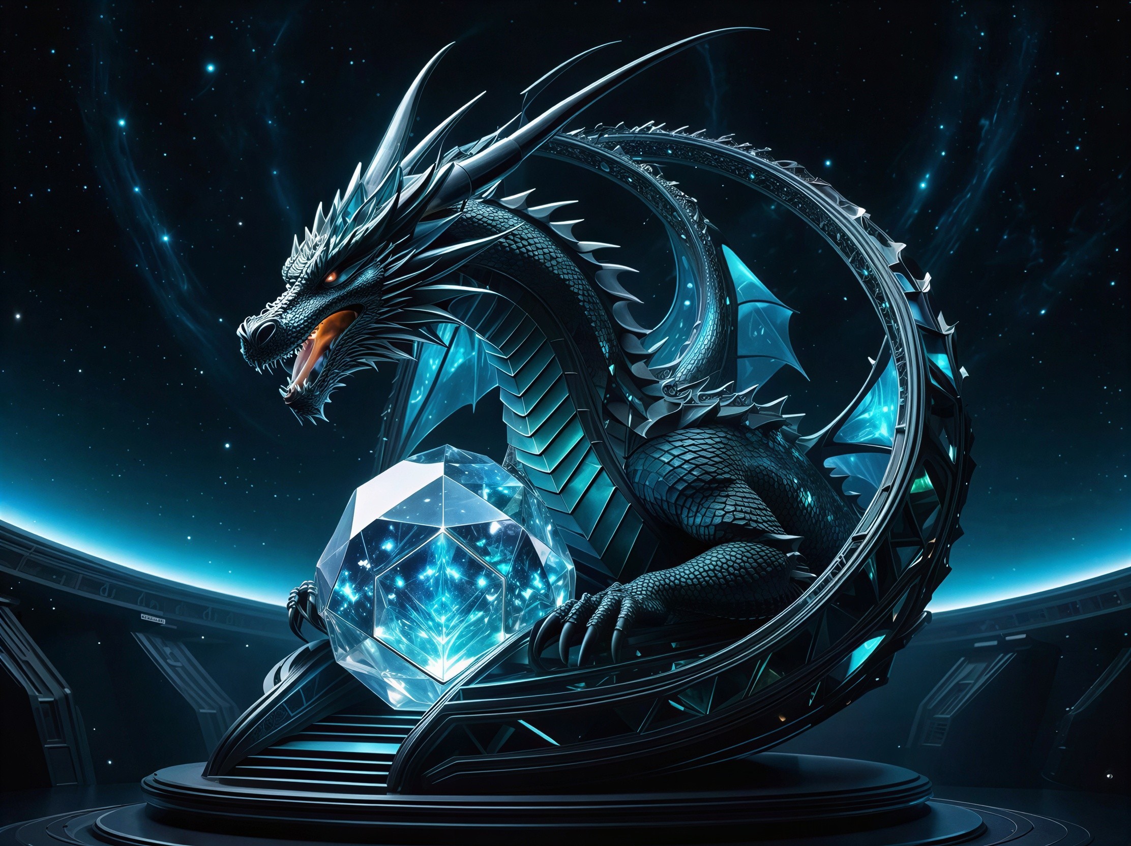 Majestic Dark-Scaled Dragon with Glowing Crystal