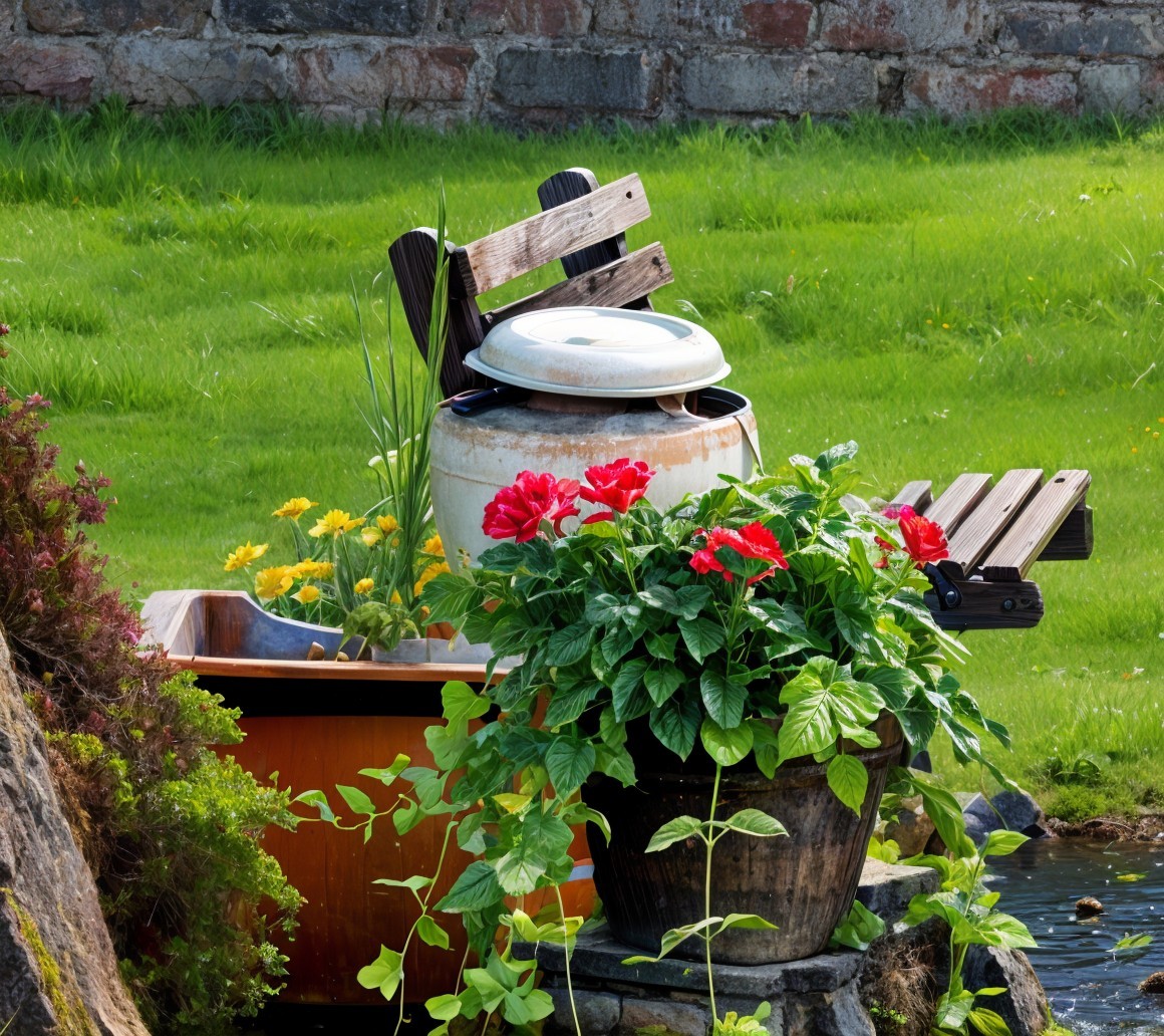 Tranquil Garden with Wooden Chair and Vintage Bathtub