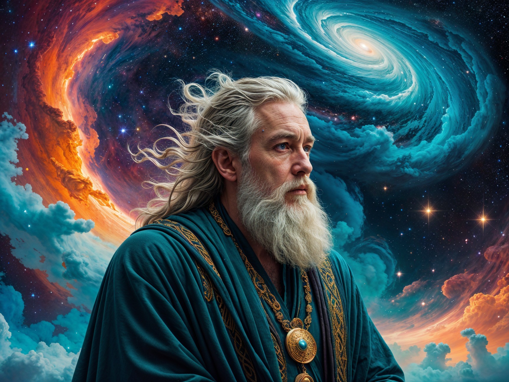 Elderly figure with cosmic backdrop and ornate robes