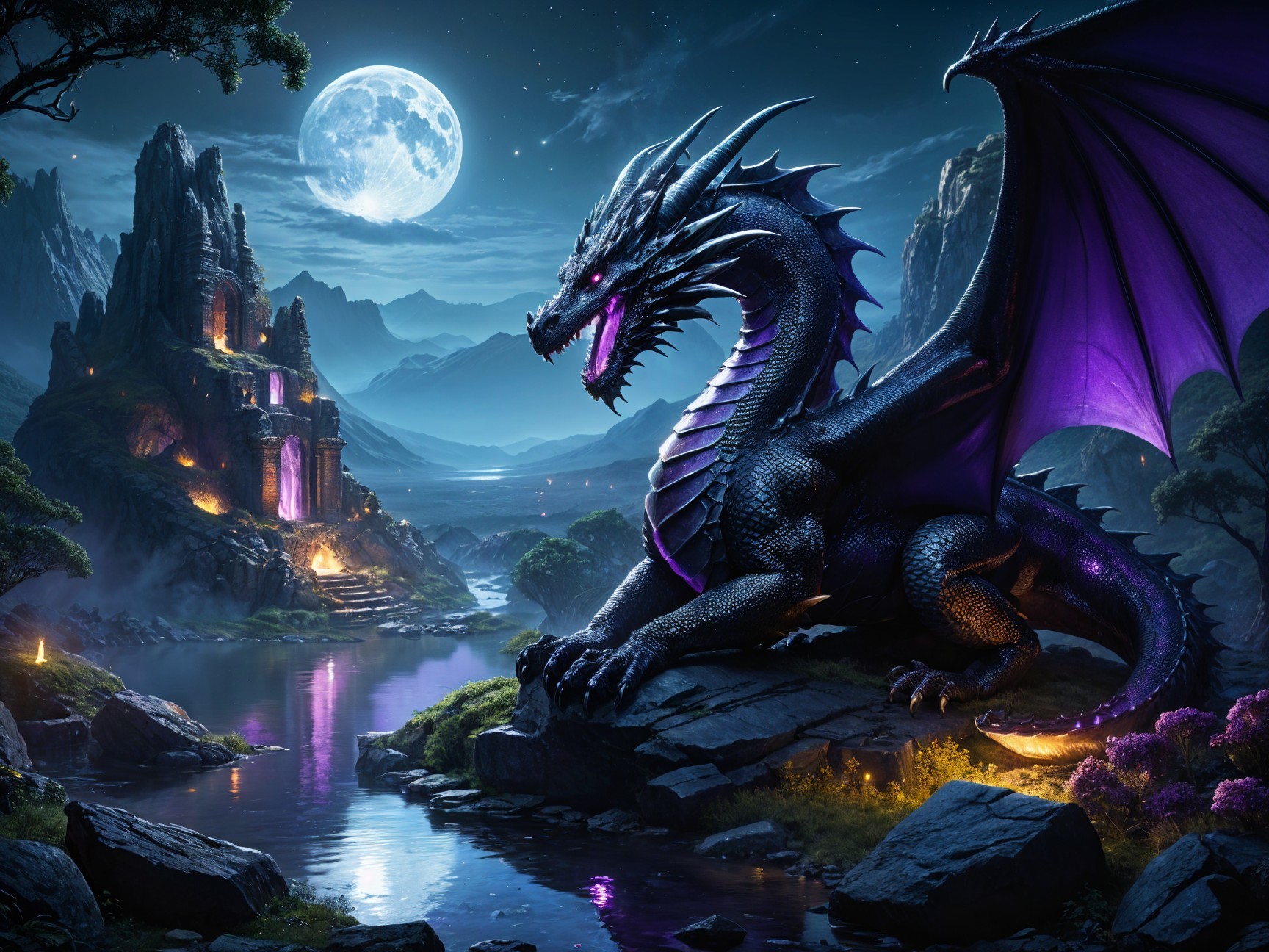 Majestic Black Dragon in Mystical Moonlit Landscape