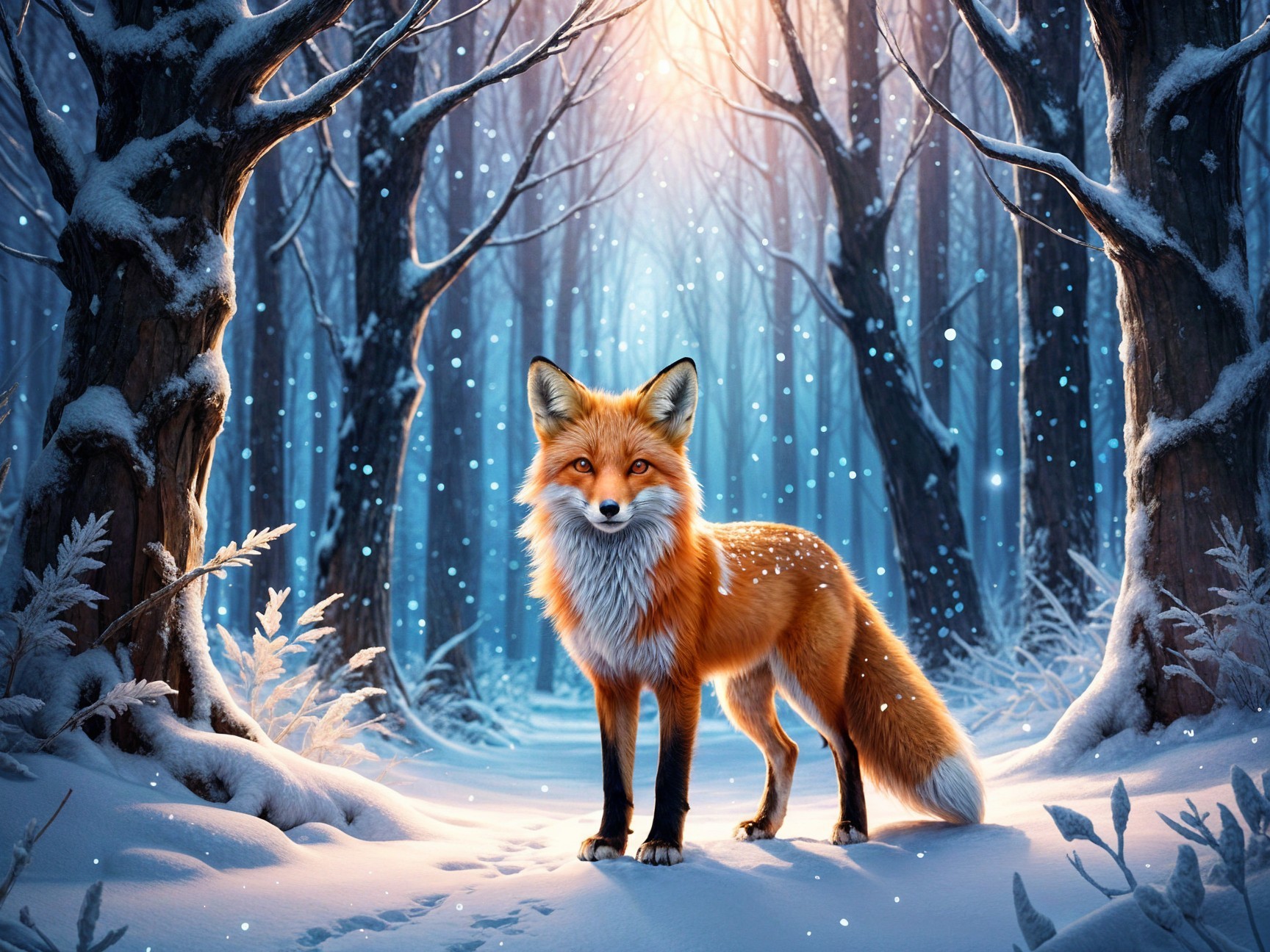 Orange Fox in Serene Winter Forest with Snowfall