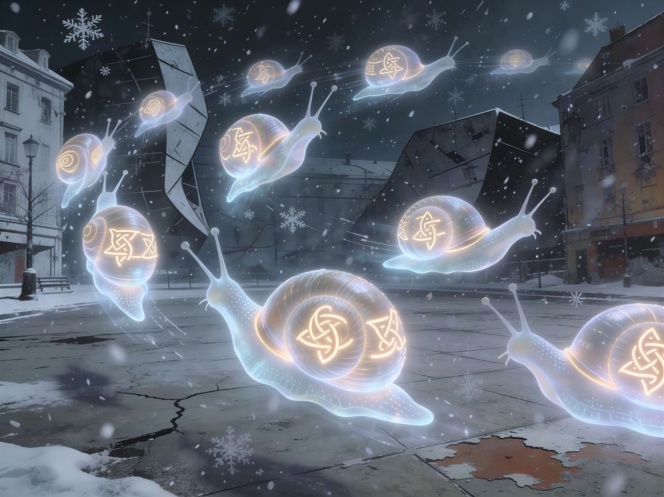 Luminescent Snails with Norse Symbols in Snowy Urban Scene