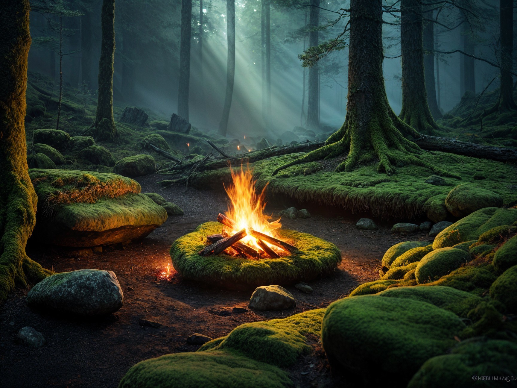 Vibrant Campfire in a Misty Forest Setting