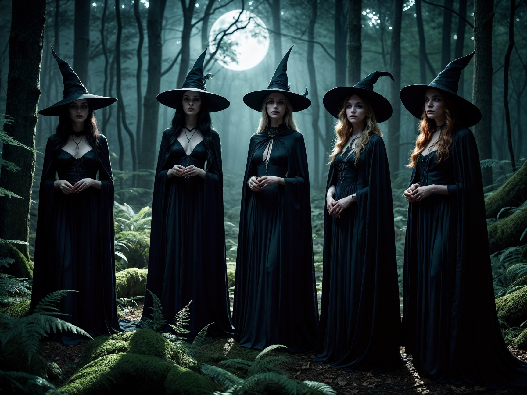 Witches in Cloaks Gather for Ritual in Moonlit Forest