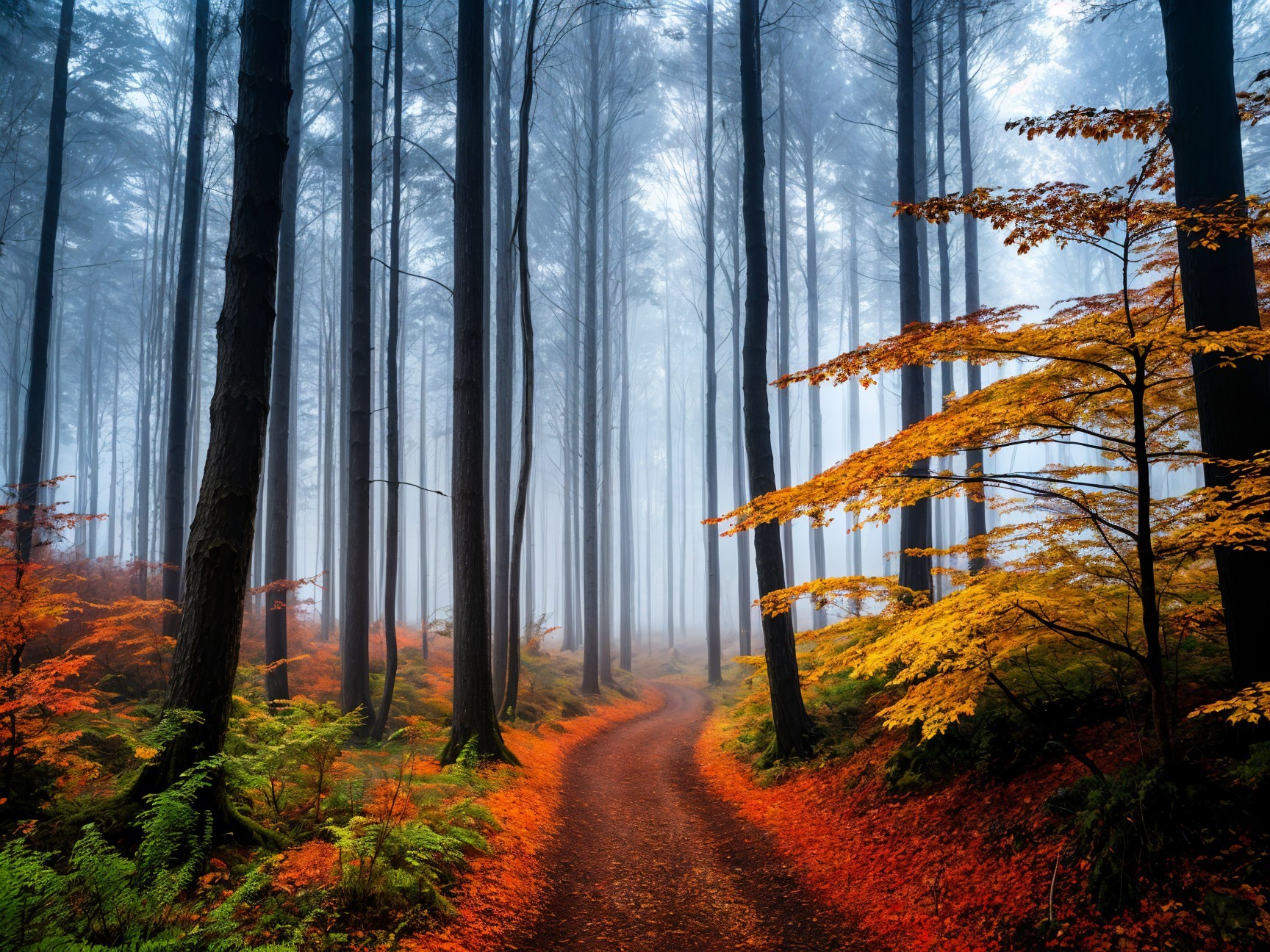 Serene forest scene with mist and autumn foliage
