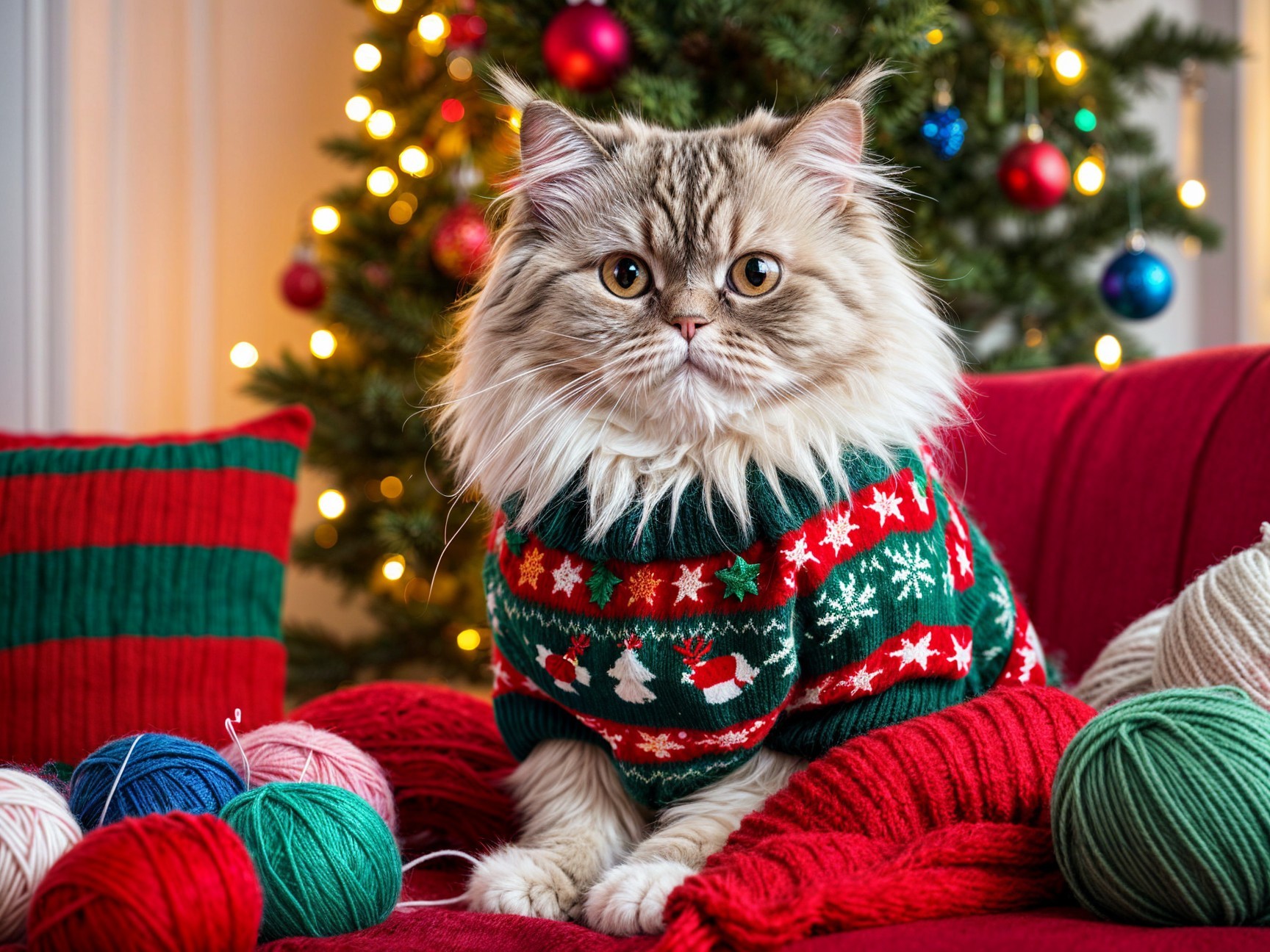 Fluffy cat in green sweater on cozy red couch