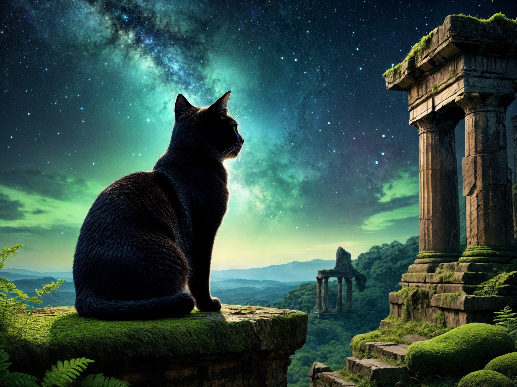 Black Cat on Mossy Stone Under Vibrant Milky Way