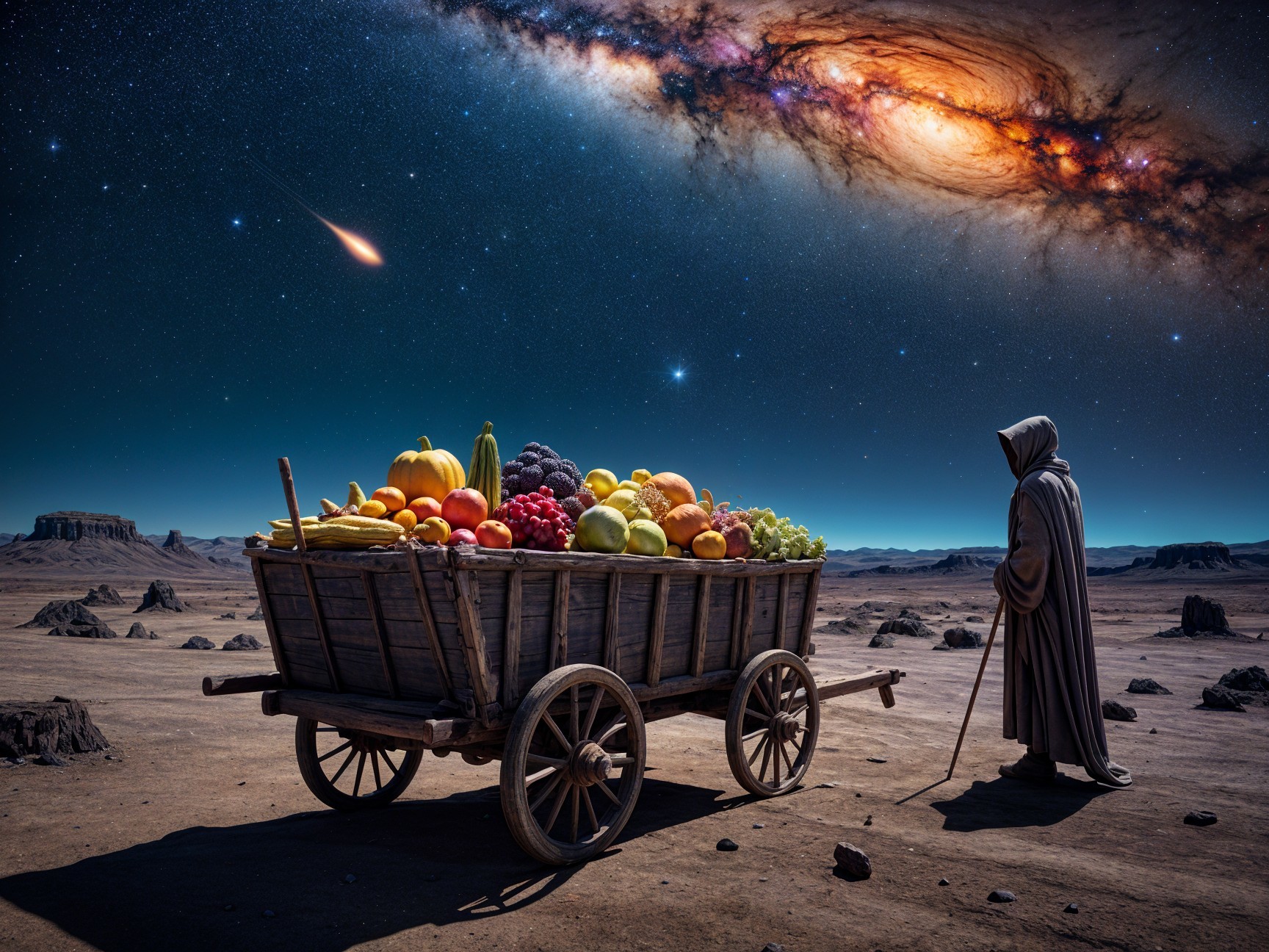 Surreal Landscape with Cloaked Figure and Vibrant Fruits
