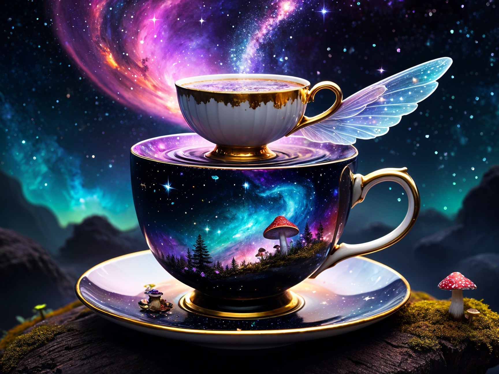Ornate Teacups with Galaxy and Wings in Starry Scene